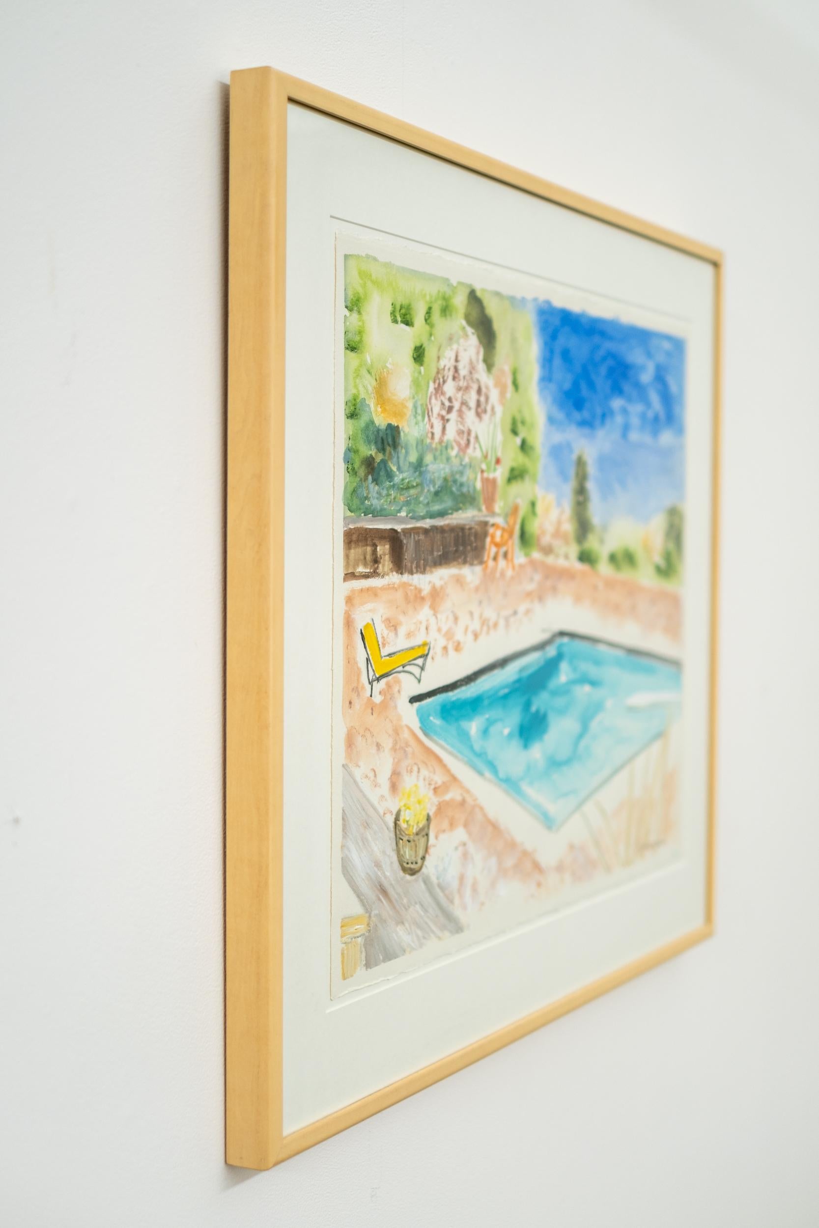 Swimming Pool with Yellow Lounge - contemporary, minimalist, watercolor on paper - Contemporary Painting by Pat Service