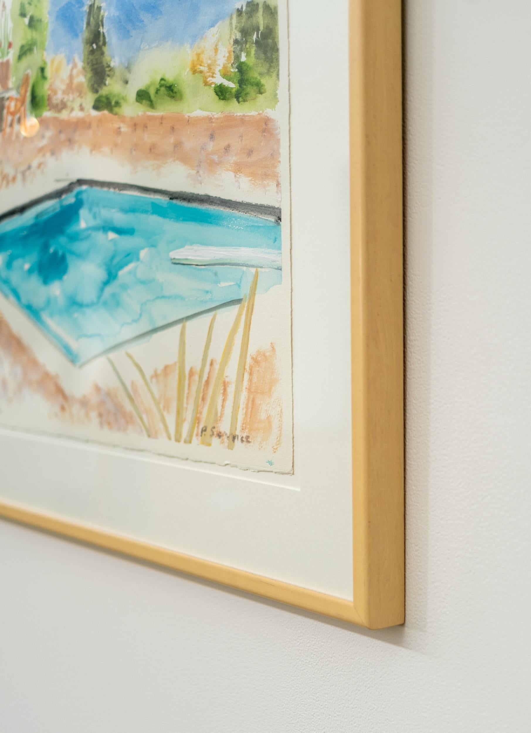 Swimming Pool with Yellow Lounge - contemporary, minimalist, watercolor on paper - Beige Landscape Painting by Pat Service