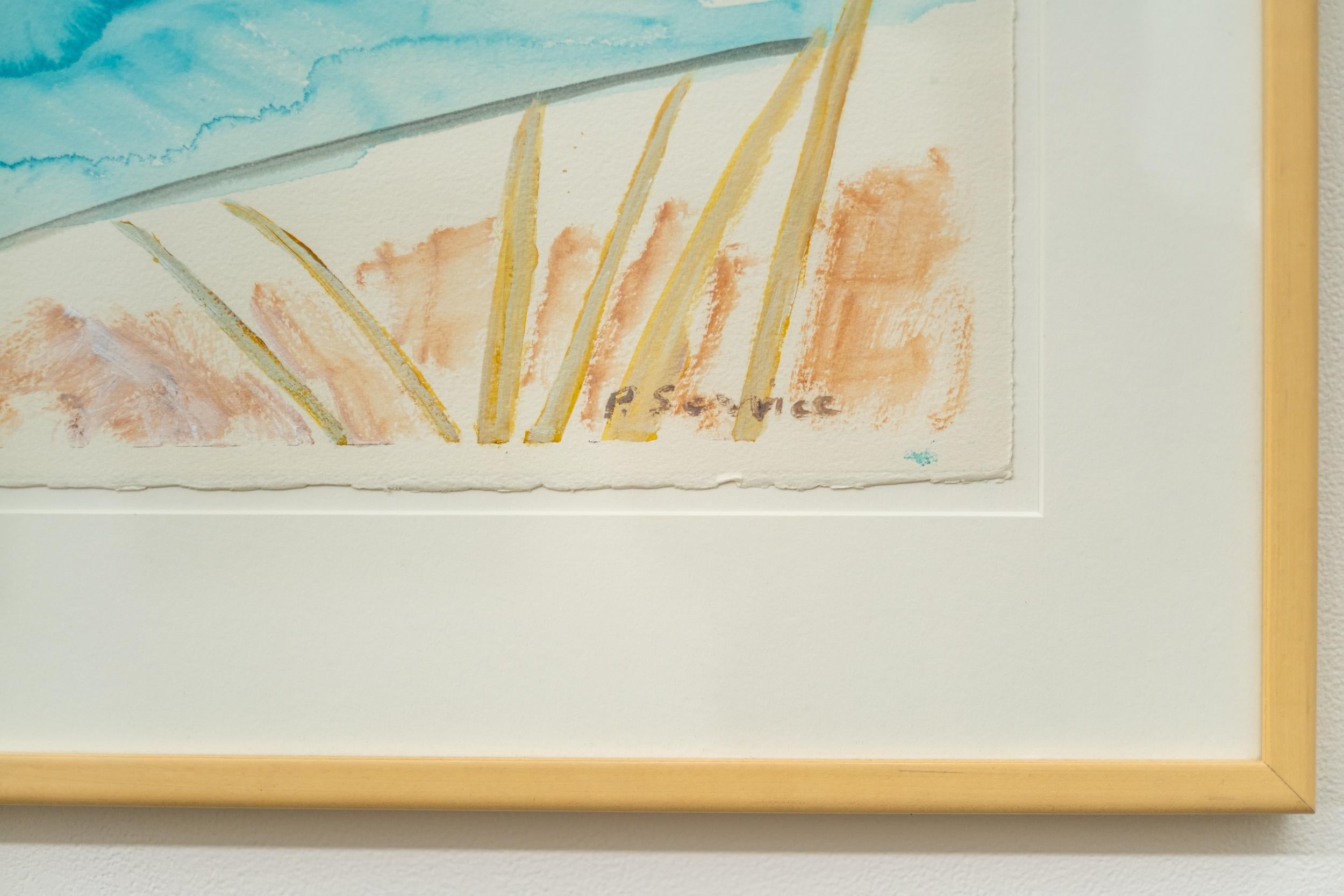This contemporary watercolour painting by Pat Service has a summer theme.

In this serene painting, Pat Service illustrates a classic summer image—the backyard swimming pool. The turquoise waters dominate the frame, a single yellow lounge chair sits