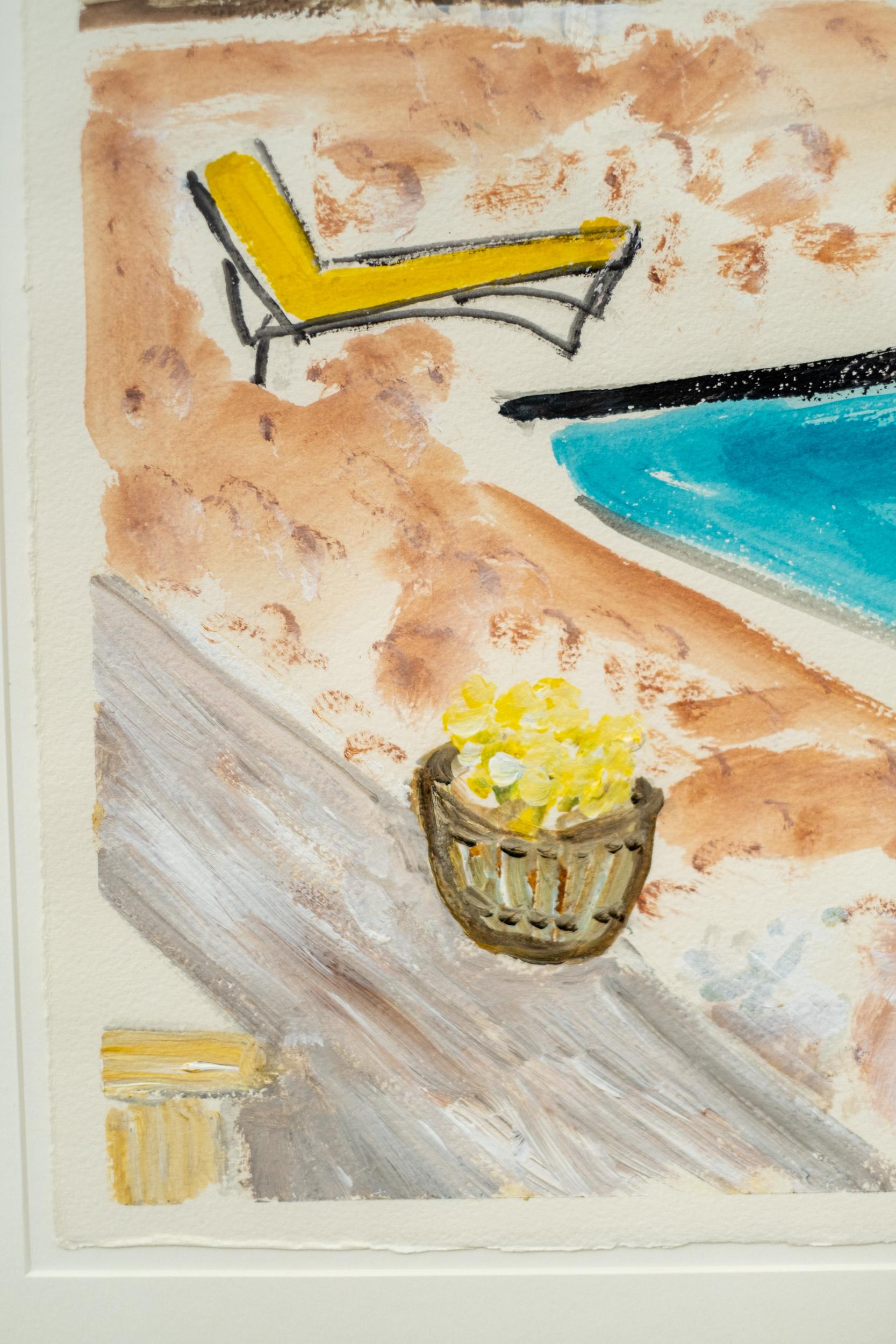 Swimming Pool with Yellow Lounge - contemporary, minimalist, watercolor on paper For Sale 1