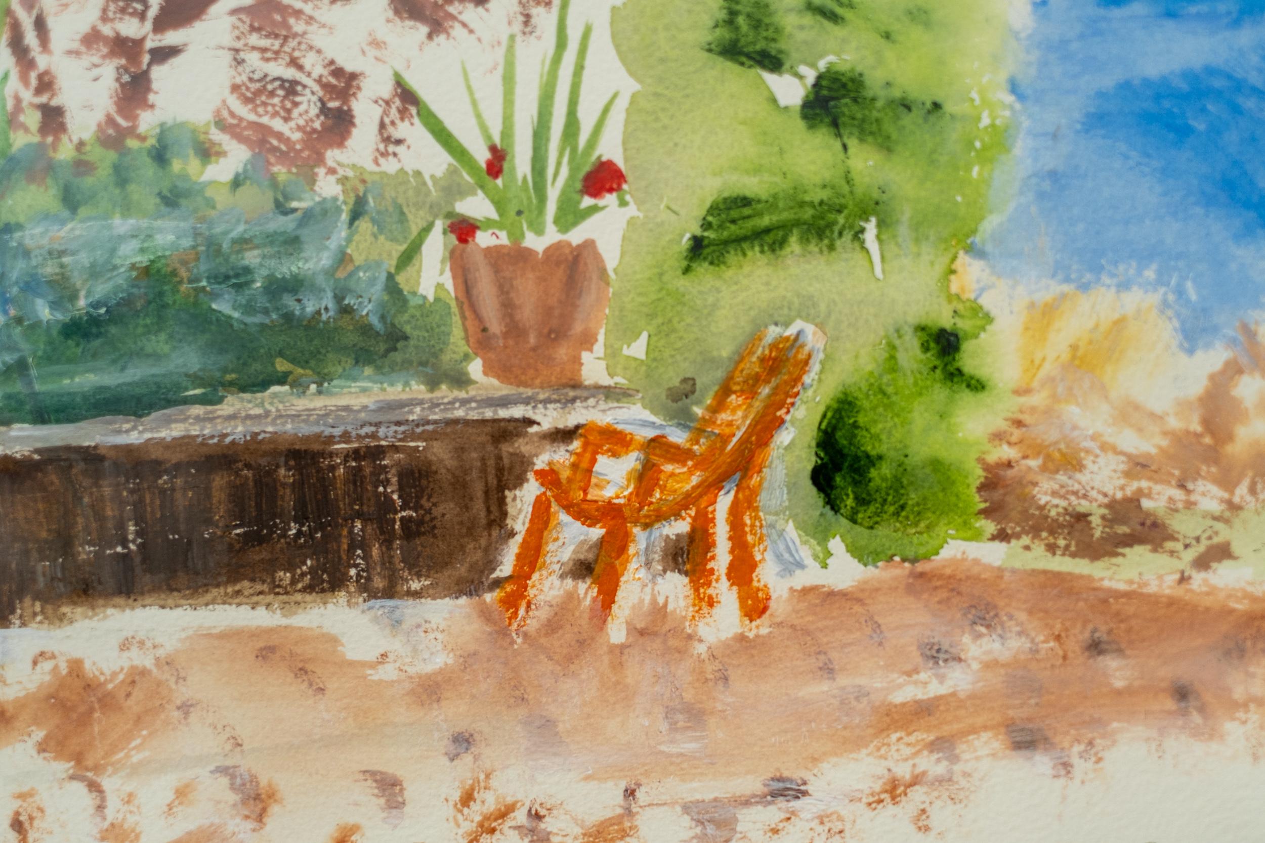 Swimming Pool with Yellow Lounge - contemporary, minimalist, watercolor on paper For Sale 2