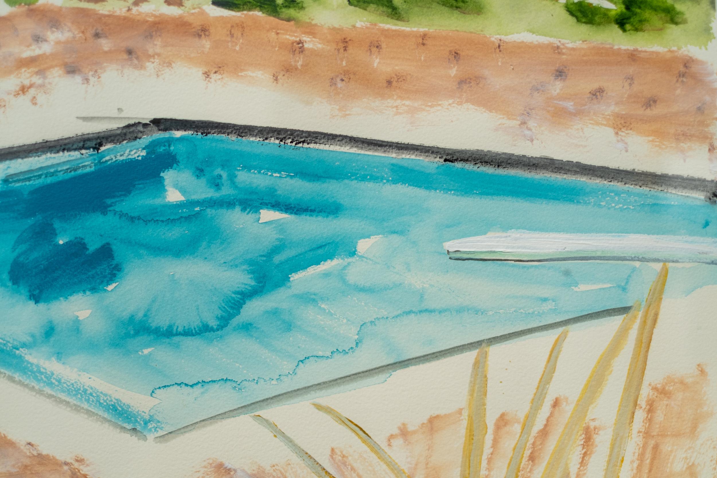 Swimming Pool with Yellow Lounge - contemporary, minimalist, watercolor on paper For Sale 3