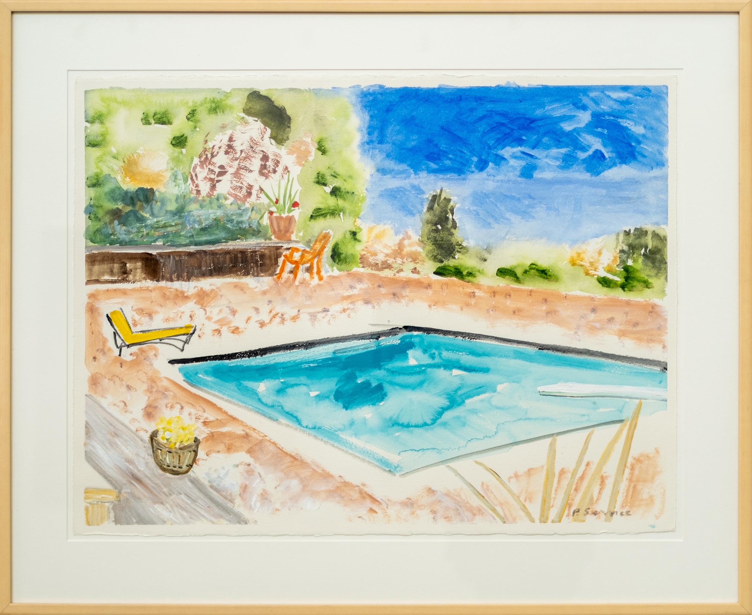 Pat Service Landscape Painting - Swimming Pool with Yellow Lounge - contemporary, minimalist, watercolor on paper