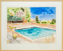 Swimming Pool with Yellow Lounge - contemporary, minimalist, watercolor on paper