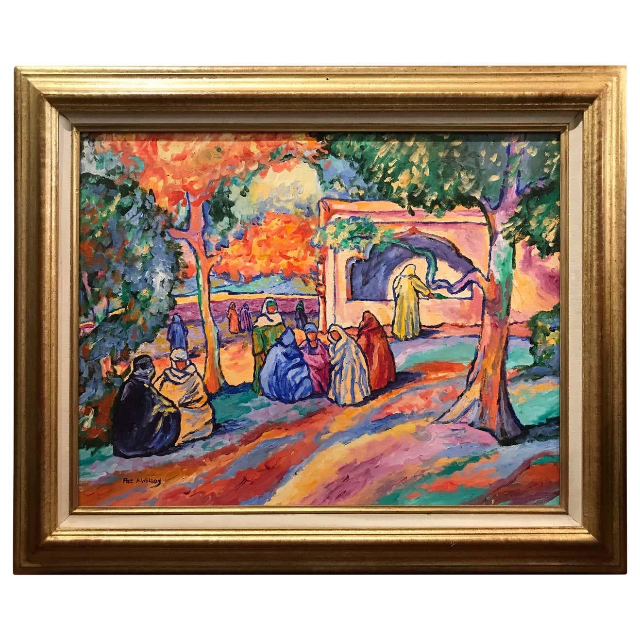 "Pres de la Fontaine" Tunis Oil on Canvas by Pat F. Wilson - Painting by Pat Wilson