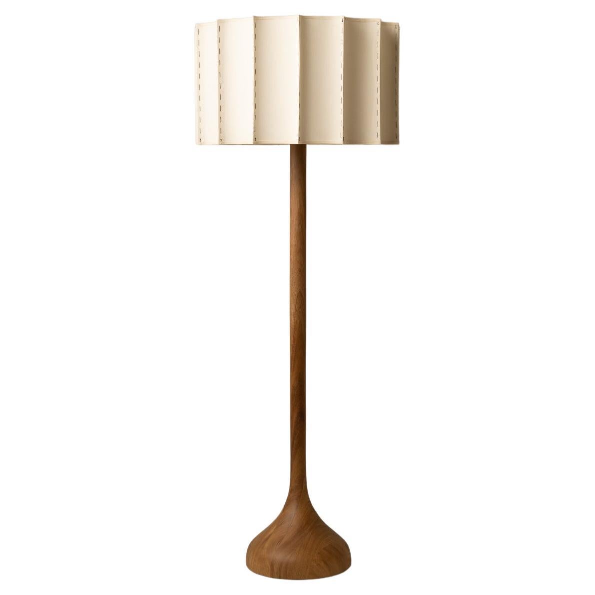 Organic Modern Floor Lamp Natural Wood Handmade Fluted Shade For Sale