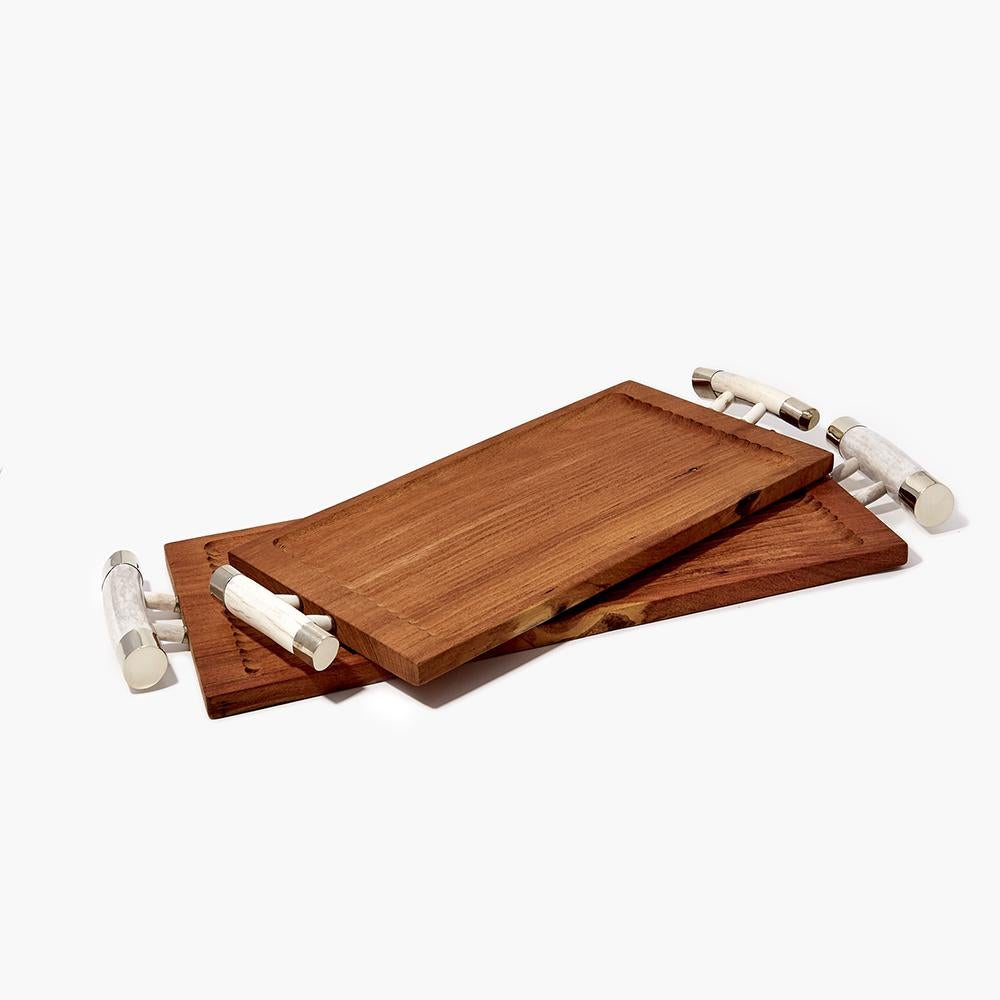 Organic Modern Patagonia Set, Medium & Large Rectangular Trays, Wood & Polished Horn For Sale