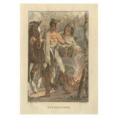 Patagonier in Südargentinien - Antiker handkolorierter Druck um 1805