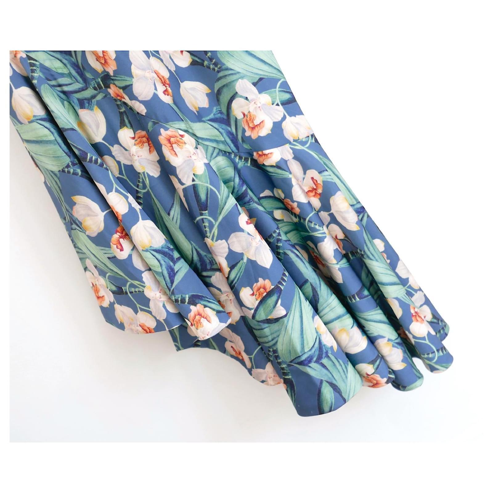 Stunning PatBO Floral Print Ruffle Hem Slip Dress. Bought for £875 and new with tags. Made from powder blue orchid print polyester/elastane crepe with a soft blue crepe lining. It has a super feminine cut with asymmetric ruffled hem, v neckline and