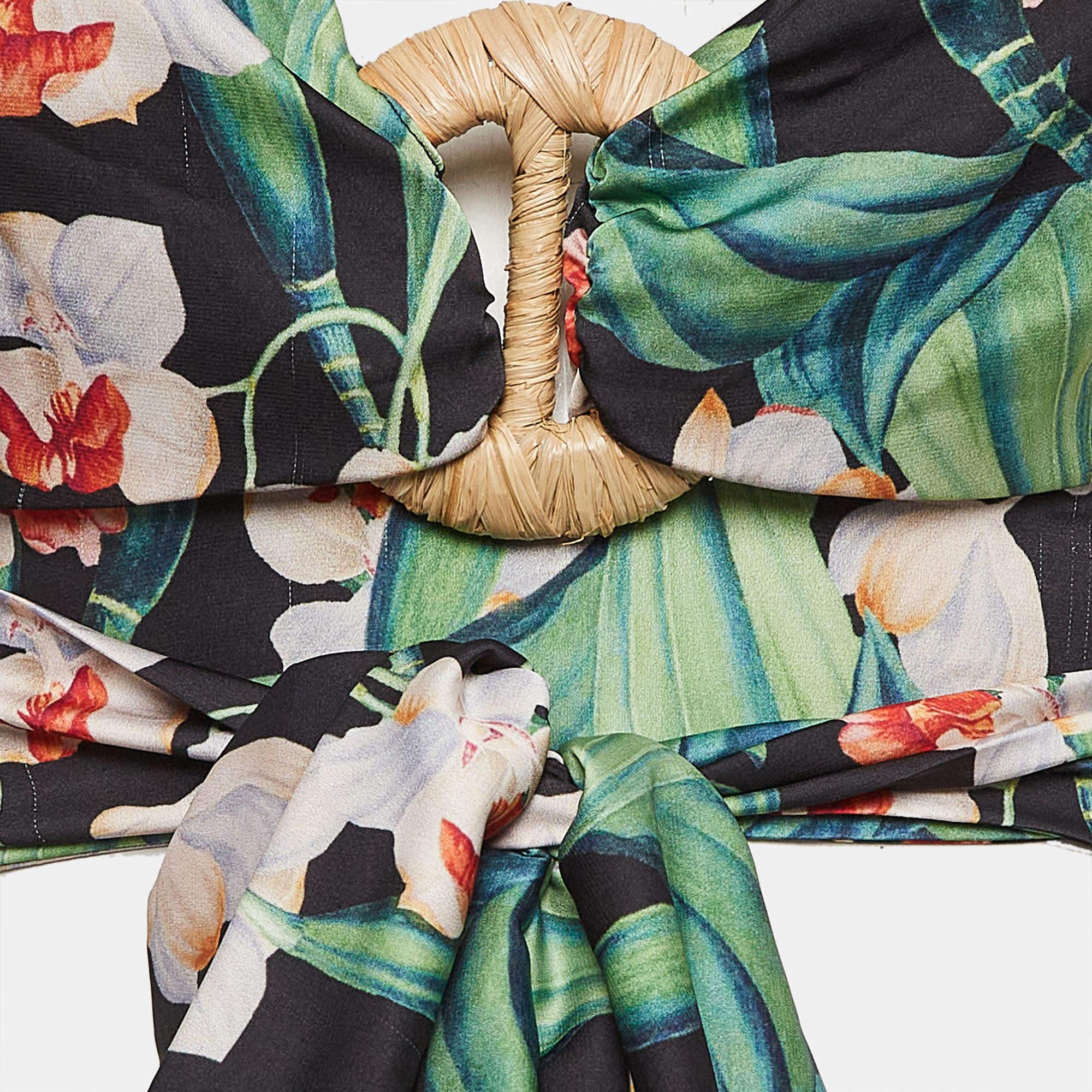 Black PATBO Green Floral Print Satin Off-Shoulder Tie-Up Top L For Sale