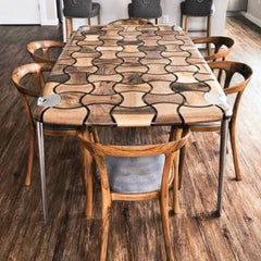 Hexagonal Wood Inlay & Resin Dining Table with Stainless Steel Base