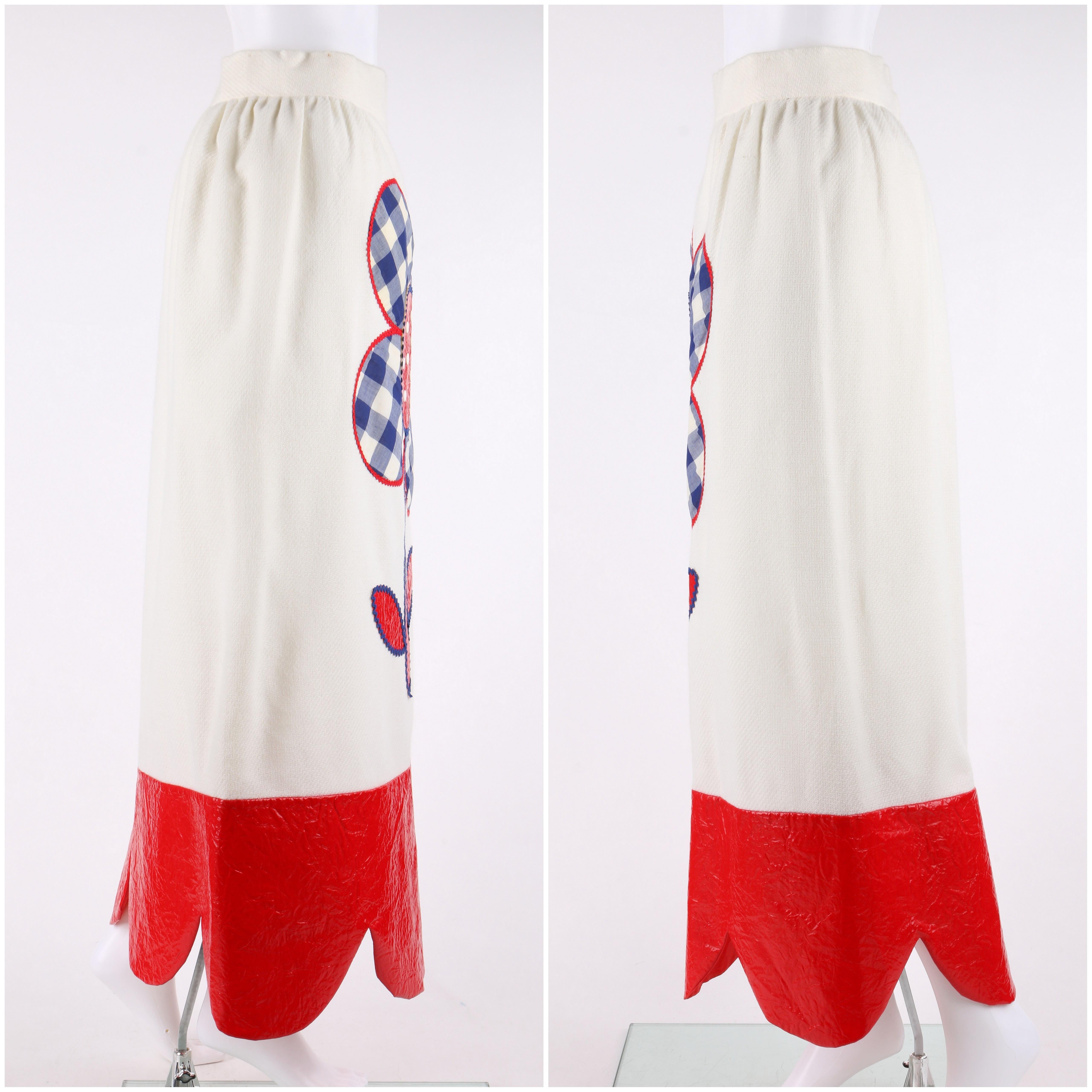 PATCHES ST LOUIS c.1970’s 3 Pc Red White Blue Gingham Floral Top Skirt Belt Set For Sale 1