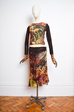 Patchwork 2000er KENZO Micro Mesh Ensemble aus passendem langärmeligem Oberteil und Rock Set