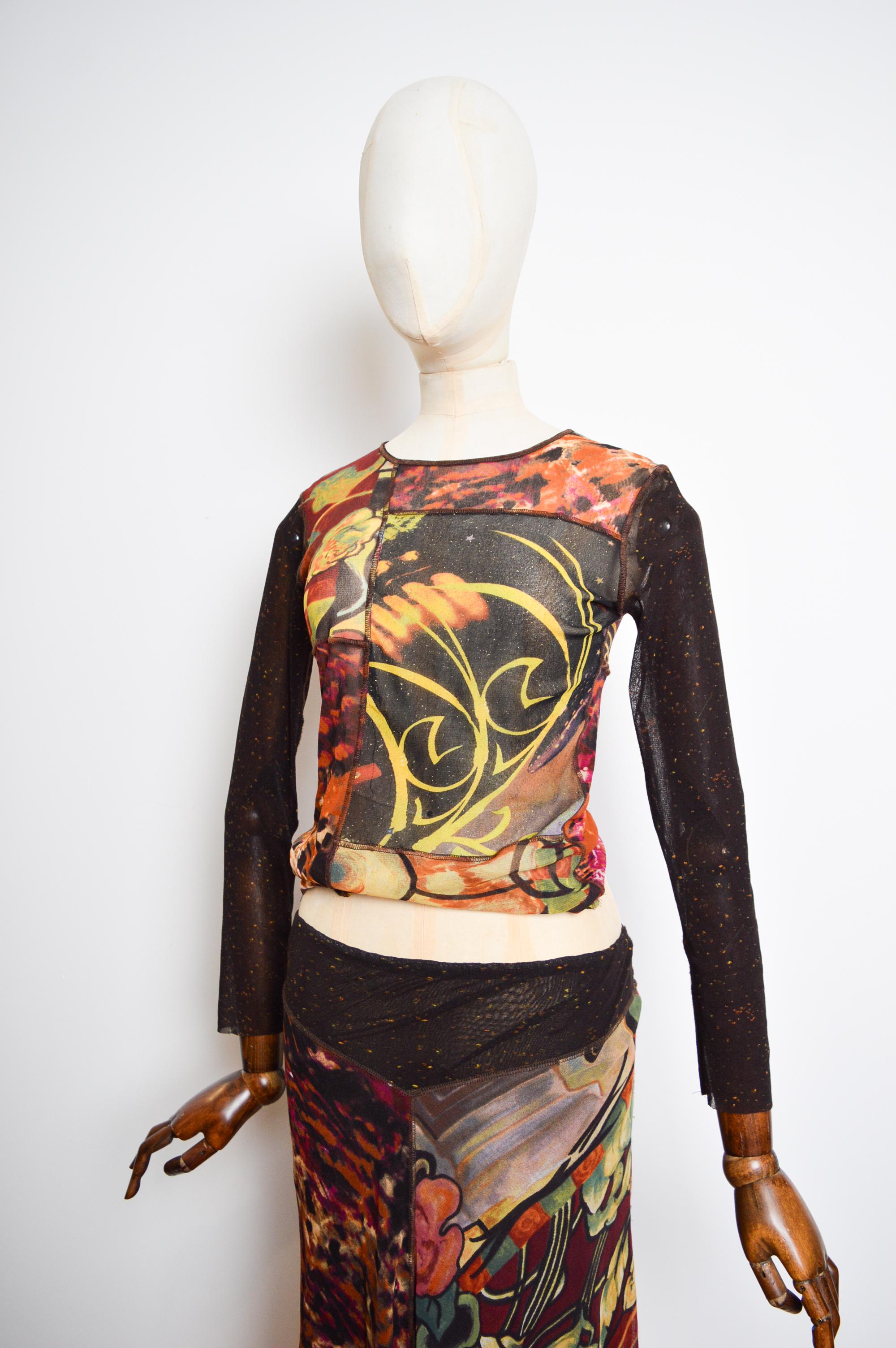 Ensemble patchwork 2000's KENZO Micro Mesh Top & Jupe manches longues assorties Bon état - En vente à Sheffield, GB