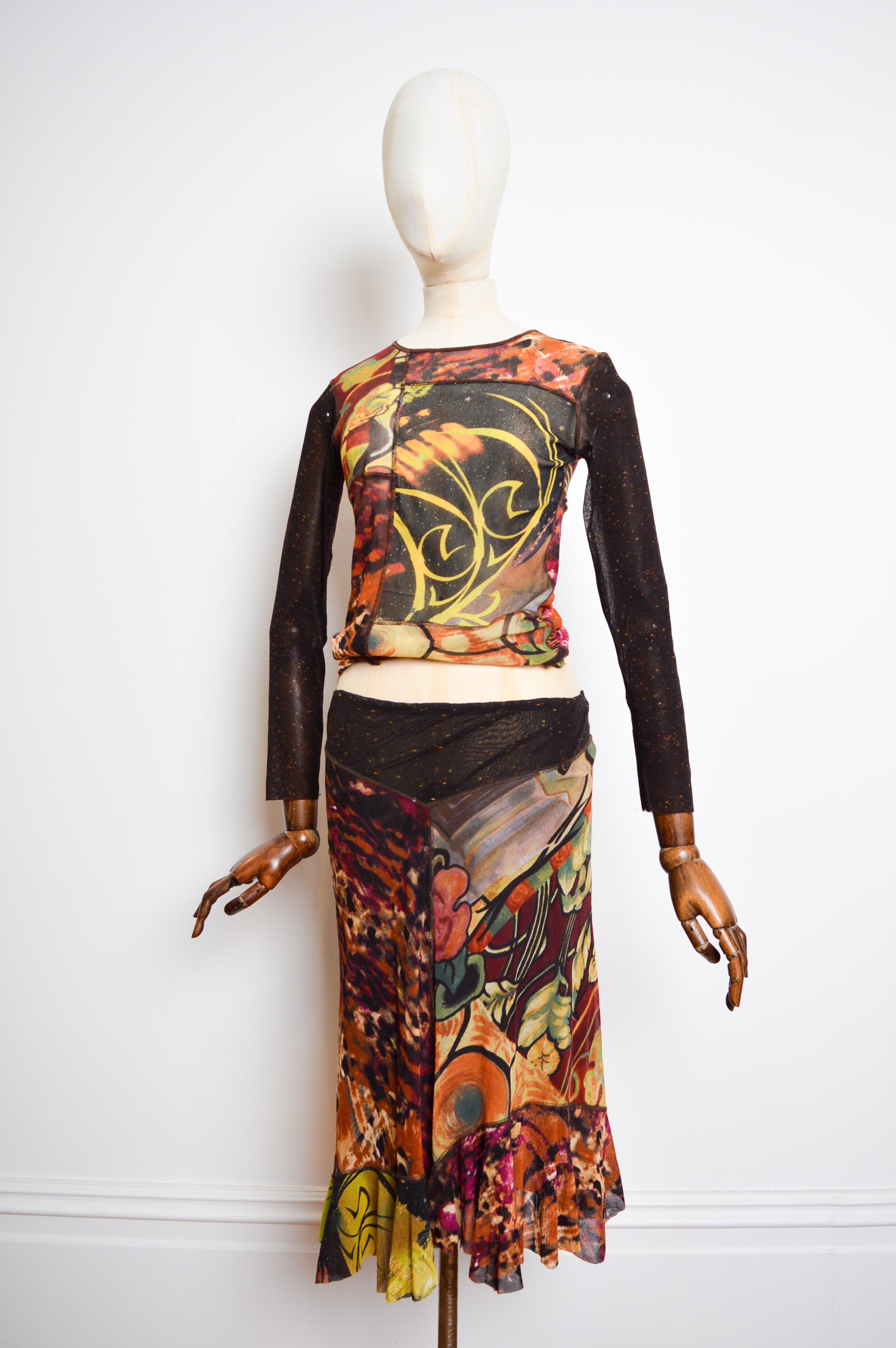 Donna Set patchwork anni 2000 Kenzo in microrete abbinato a top e gonna a maniche lunghe in vendita