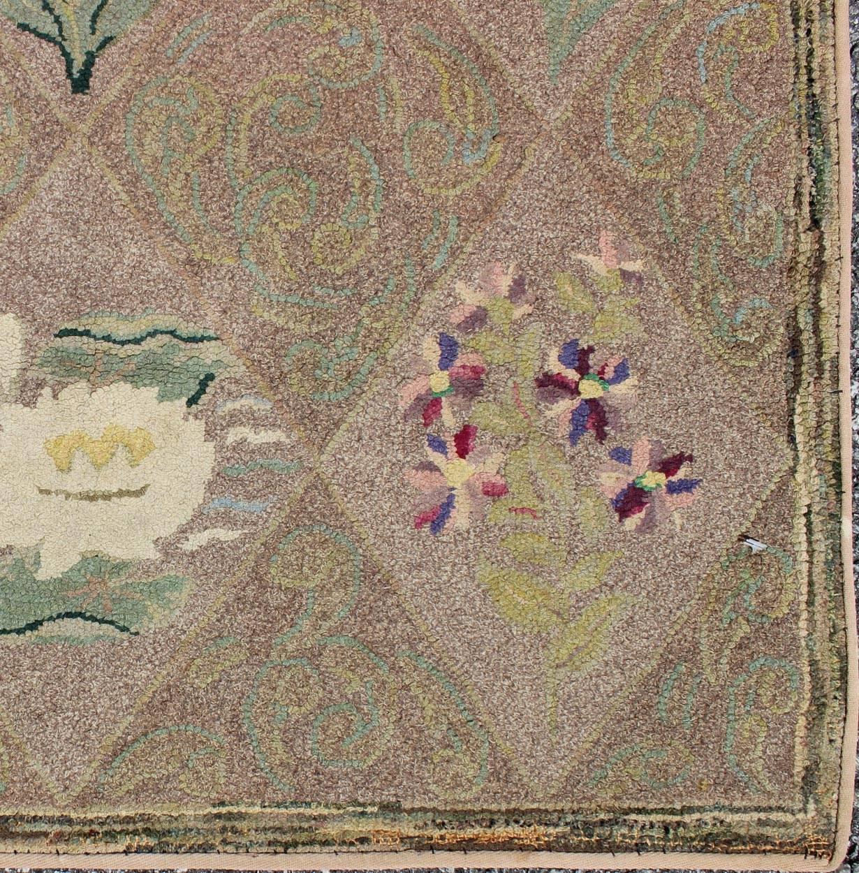 Floral bouquet design antique American hooked rug, rug ebd-1003, country of origin / type: United States / Hooked, circa 1920

Ingenious in style, color and composition, the features in this spectacular, antique American Hooked rug create an
