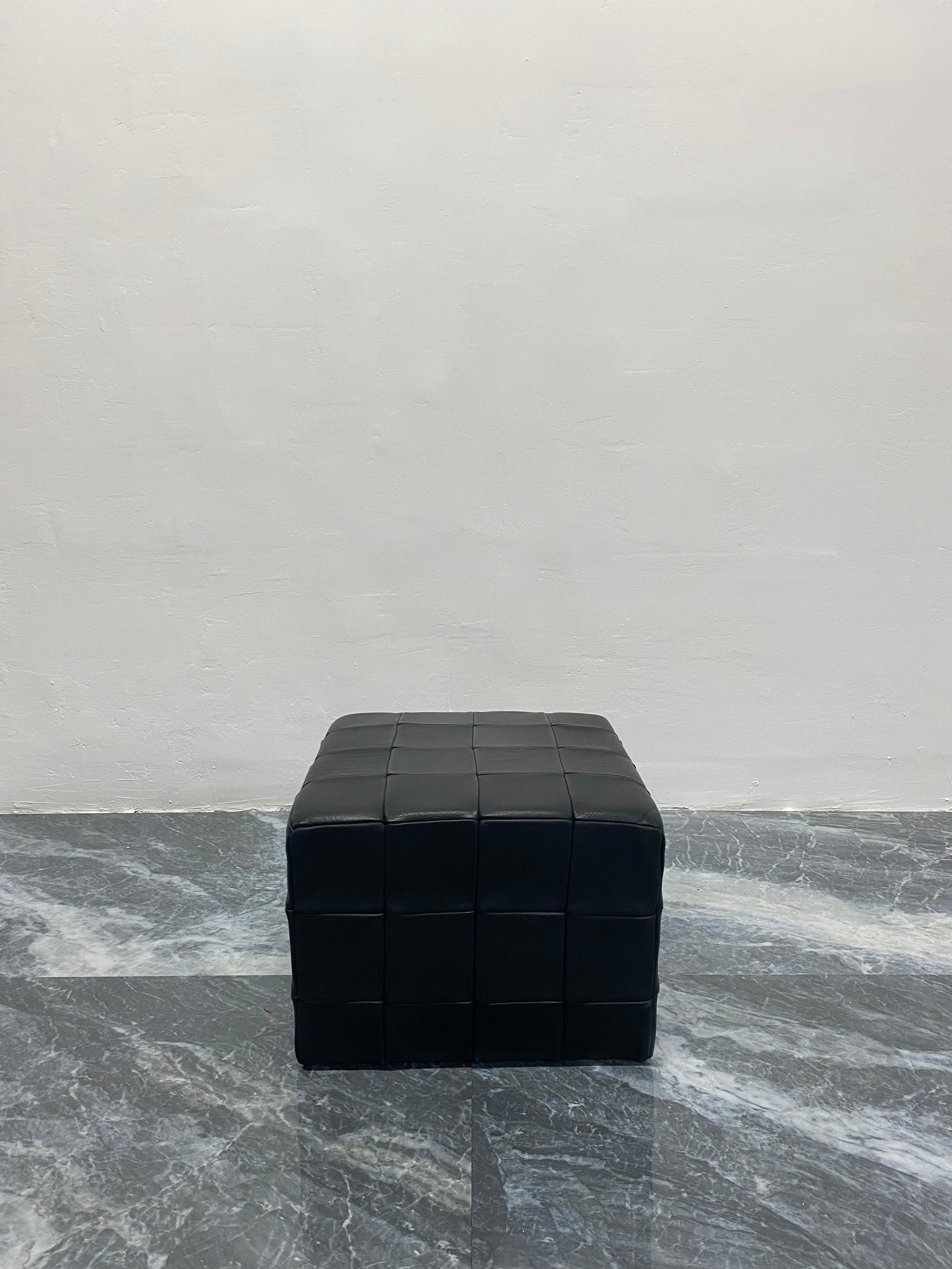 Black leather patchwork pouf, ottoman or footstool from Denmark, 1970s.