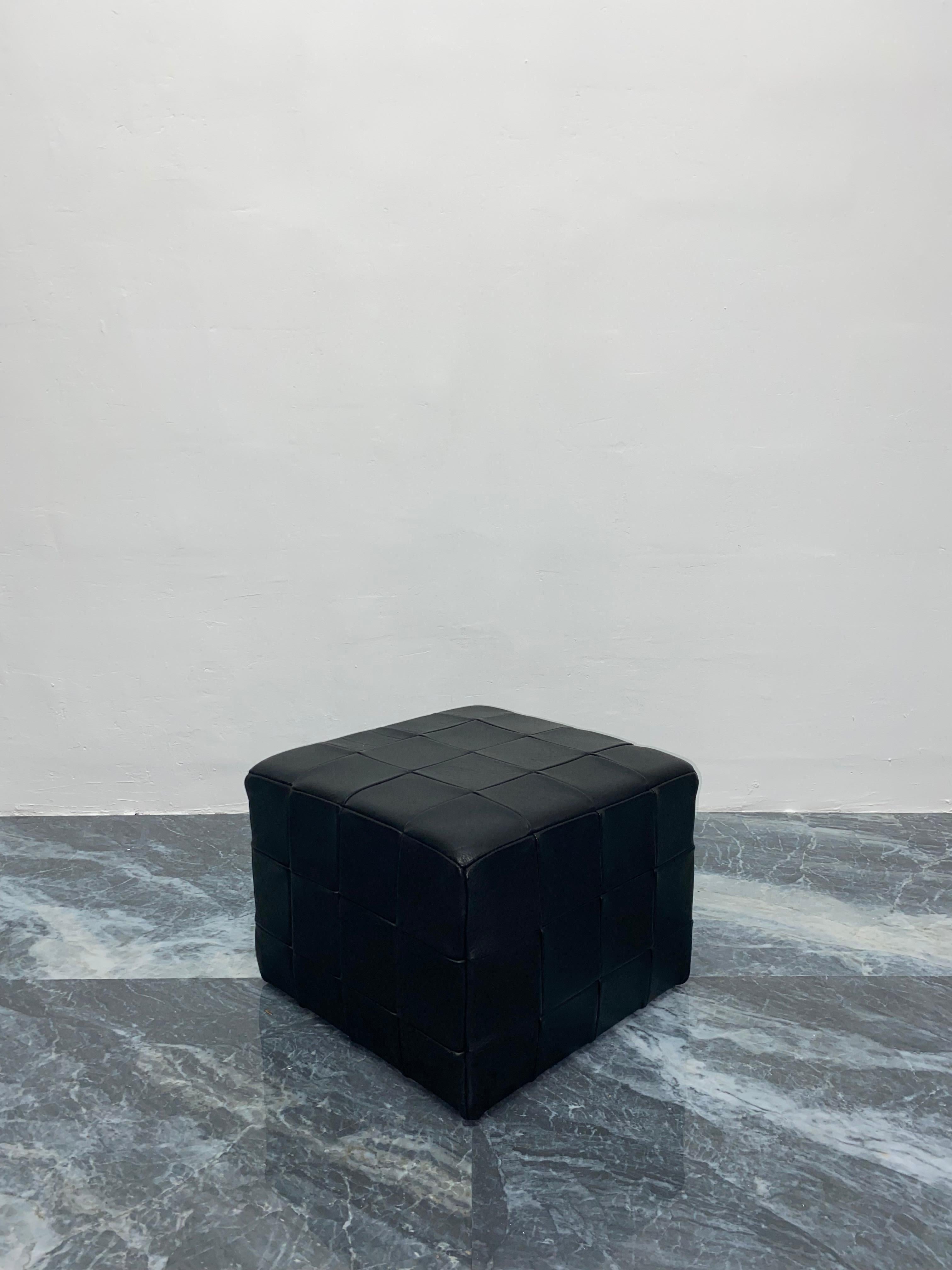 Mid-Century Modern Patchwork Black Leather Pouf or Ottoman, Denmark 1970s For Sale