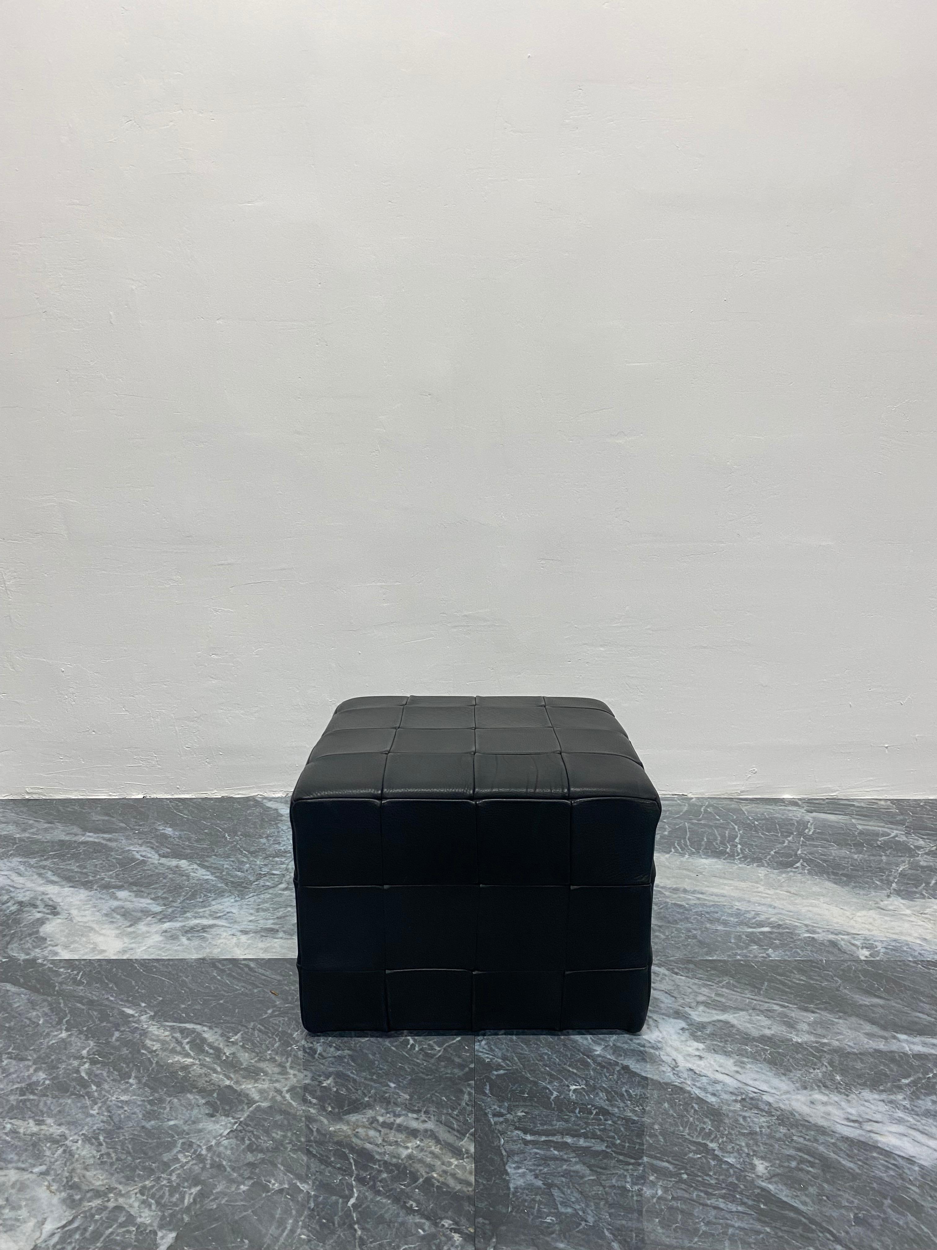 Danish Patchwork Black Leather Pouf or Ottoman, Denmark 1970s For Sale