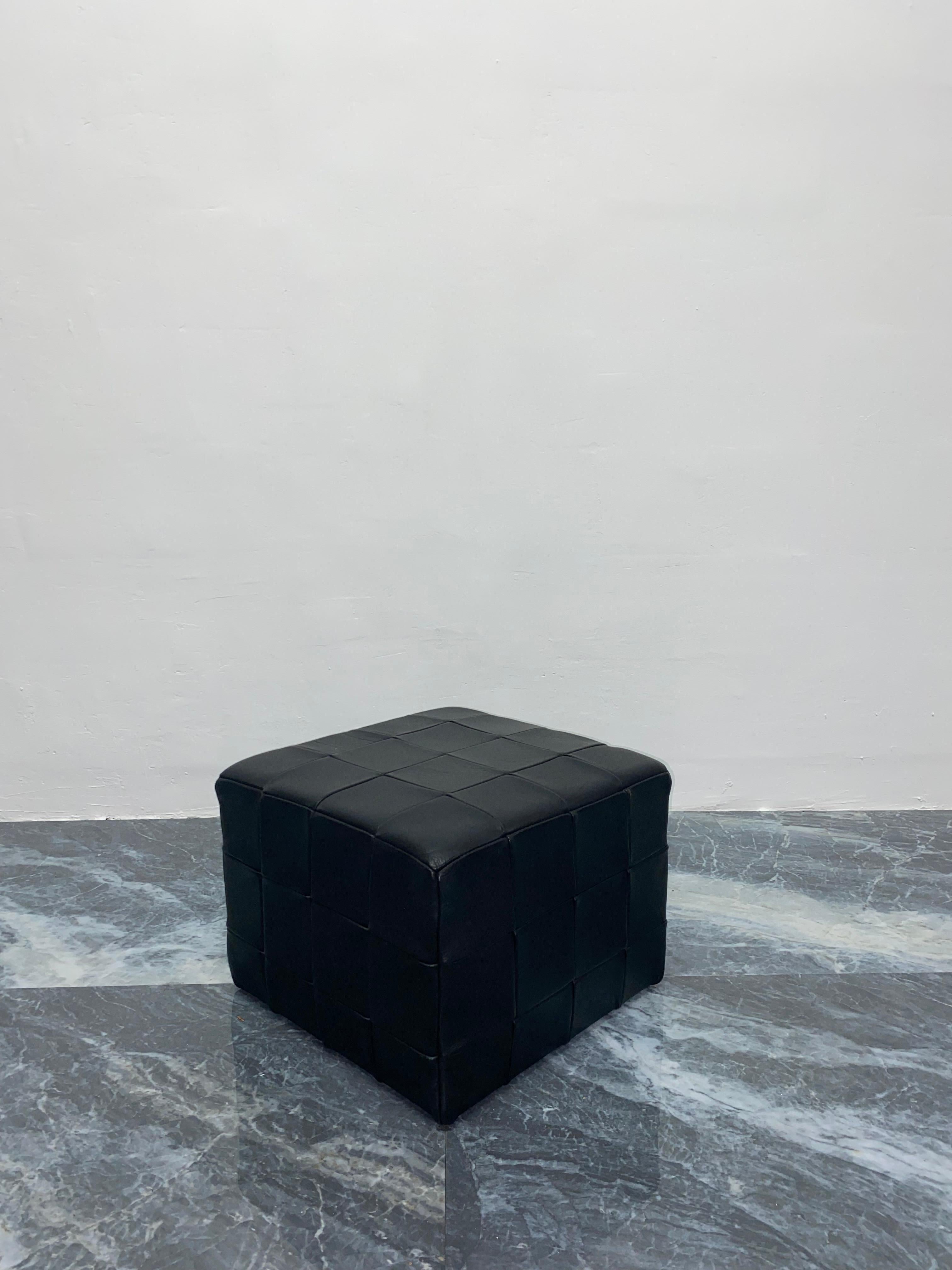 Patchwork Black Leather Pouf or Ottoman, Denmark 1970s In Good Condition For Sale In Miami, FL