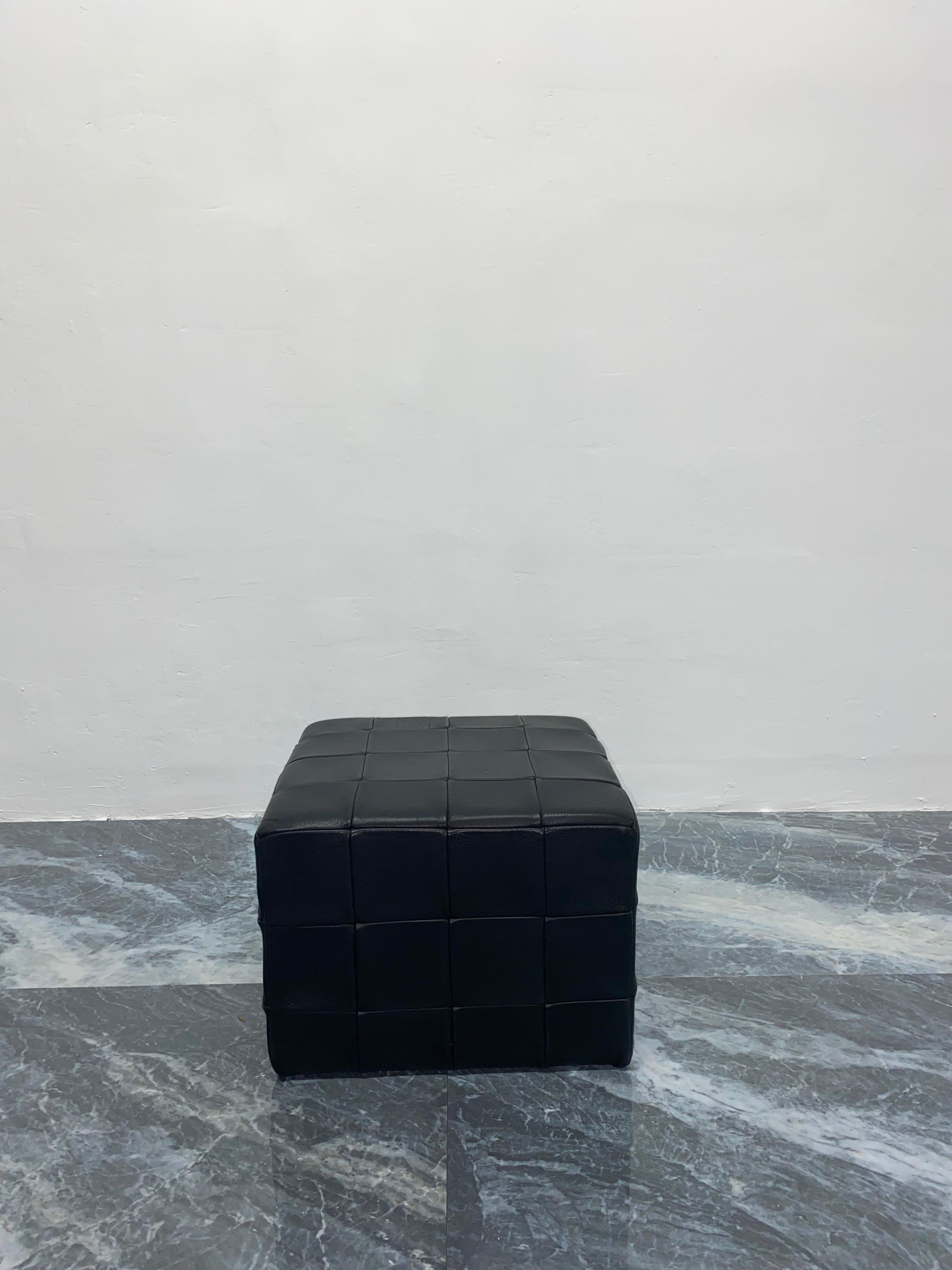 20th Century Patchwork Black Leather Pouf or Ottoman, Denmark 1970s For Sale