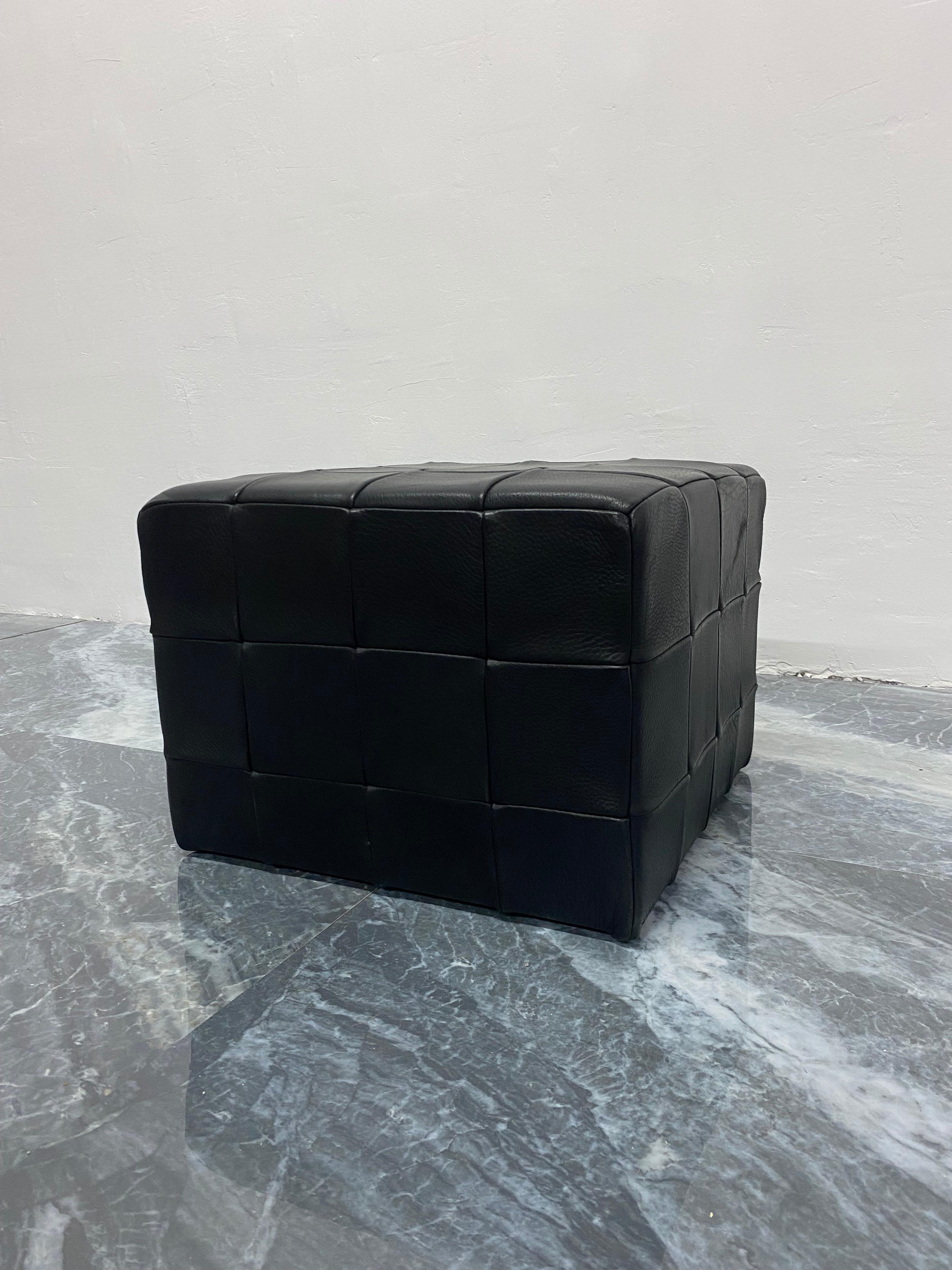 Patchwork Black Leather Pouf or Ottoman, Denmark 1970s For Sale 1