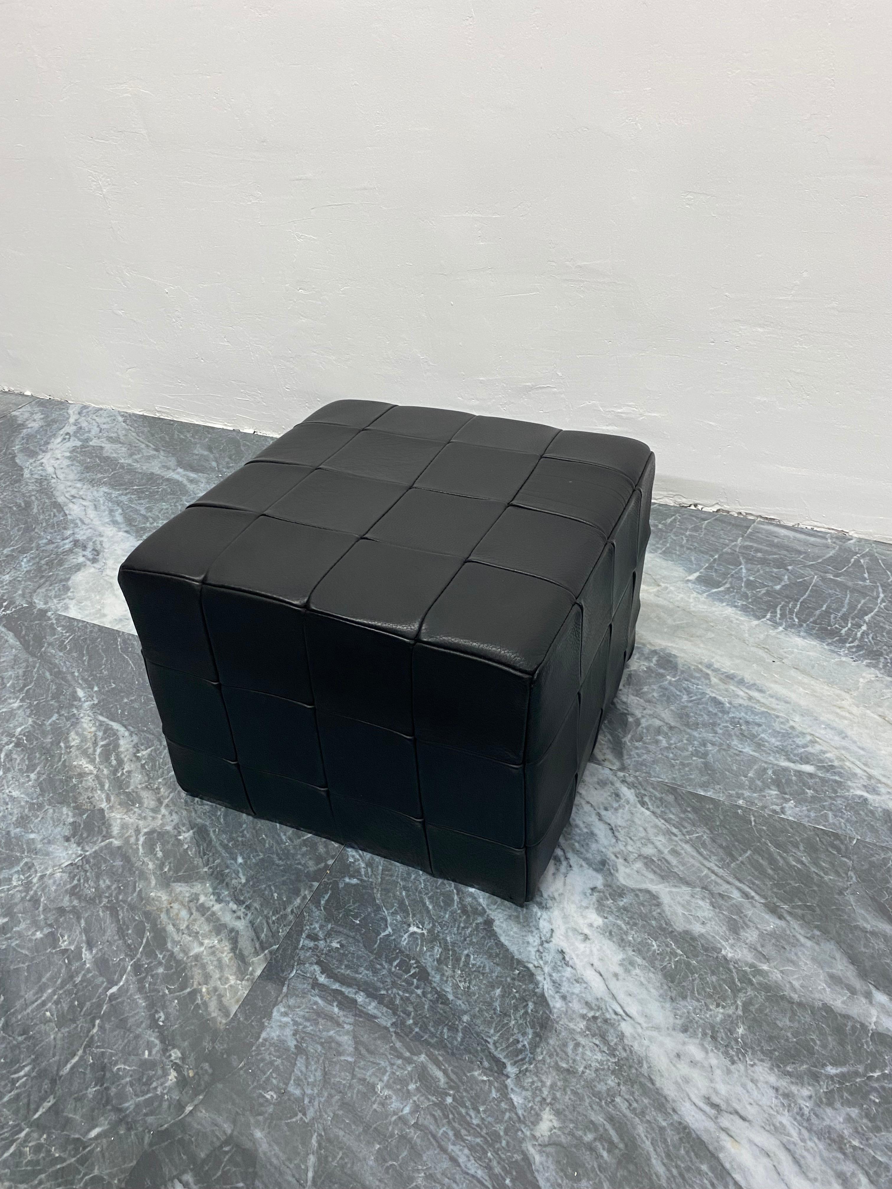 Patchwork Black Leather Pouf or Ottoman, Denmark 1970s For Sale 3
