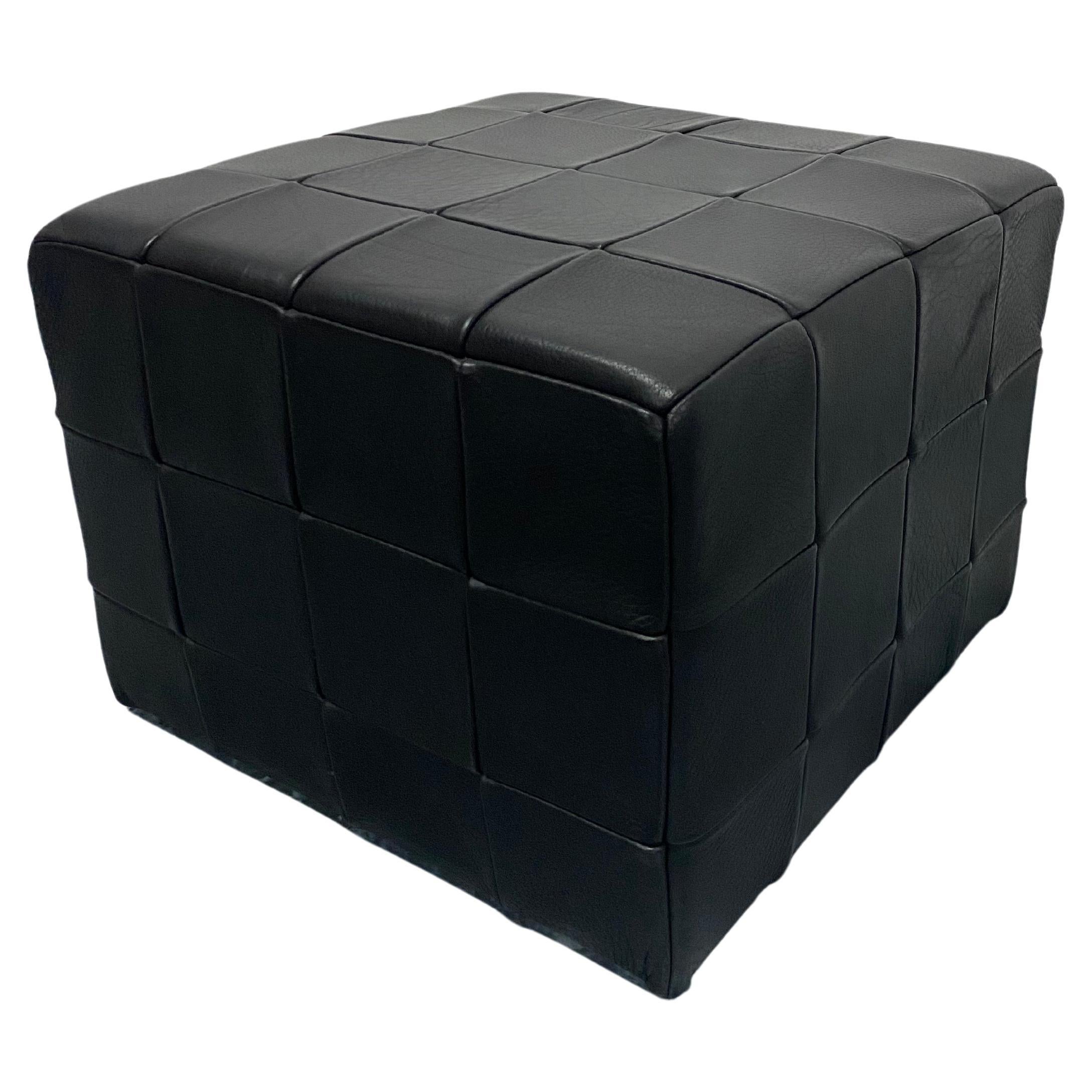 Patchwork Black Leather Pouf or Ottoman, Denmark 1970s