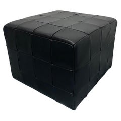 Patchwork Black Leather Pouf or Ottoman, Denmark 1970s