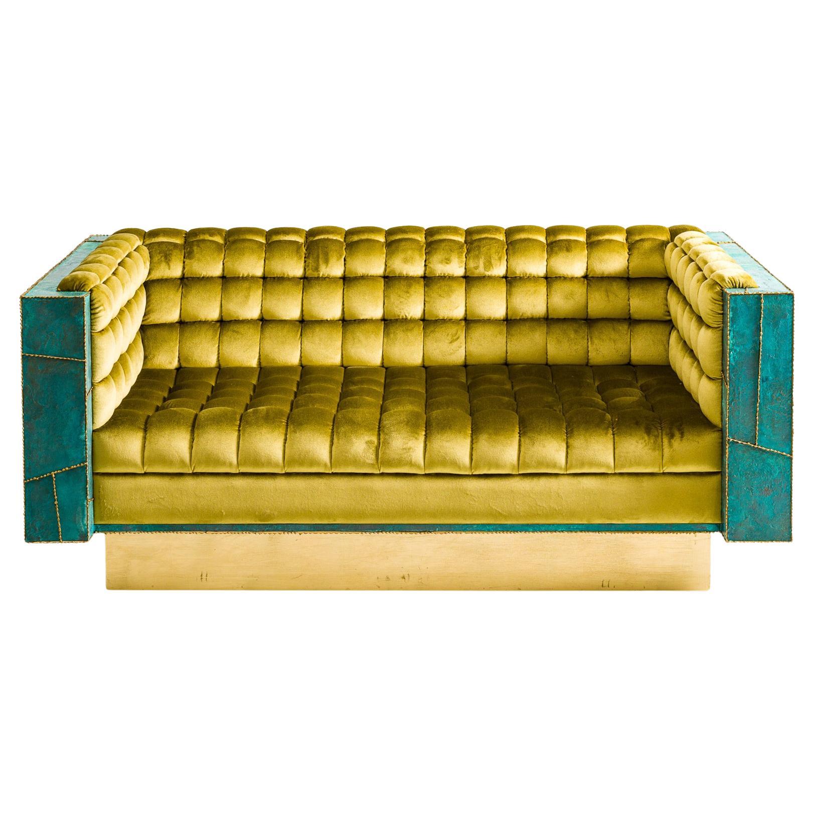 Patchwork Brass Settee, USA For Sale