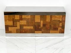 Patchwork Burl and Chrome Credenza in the Manner of Paul Evans