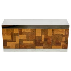 Vintage Patchwork Burl and Chrome Credenza in the Manner of Paul Evans