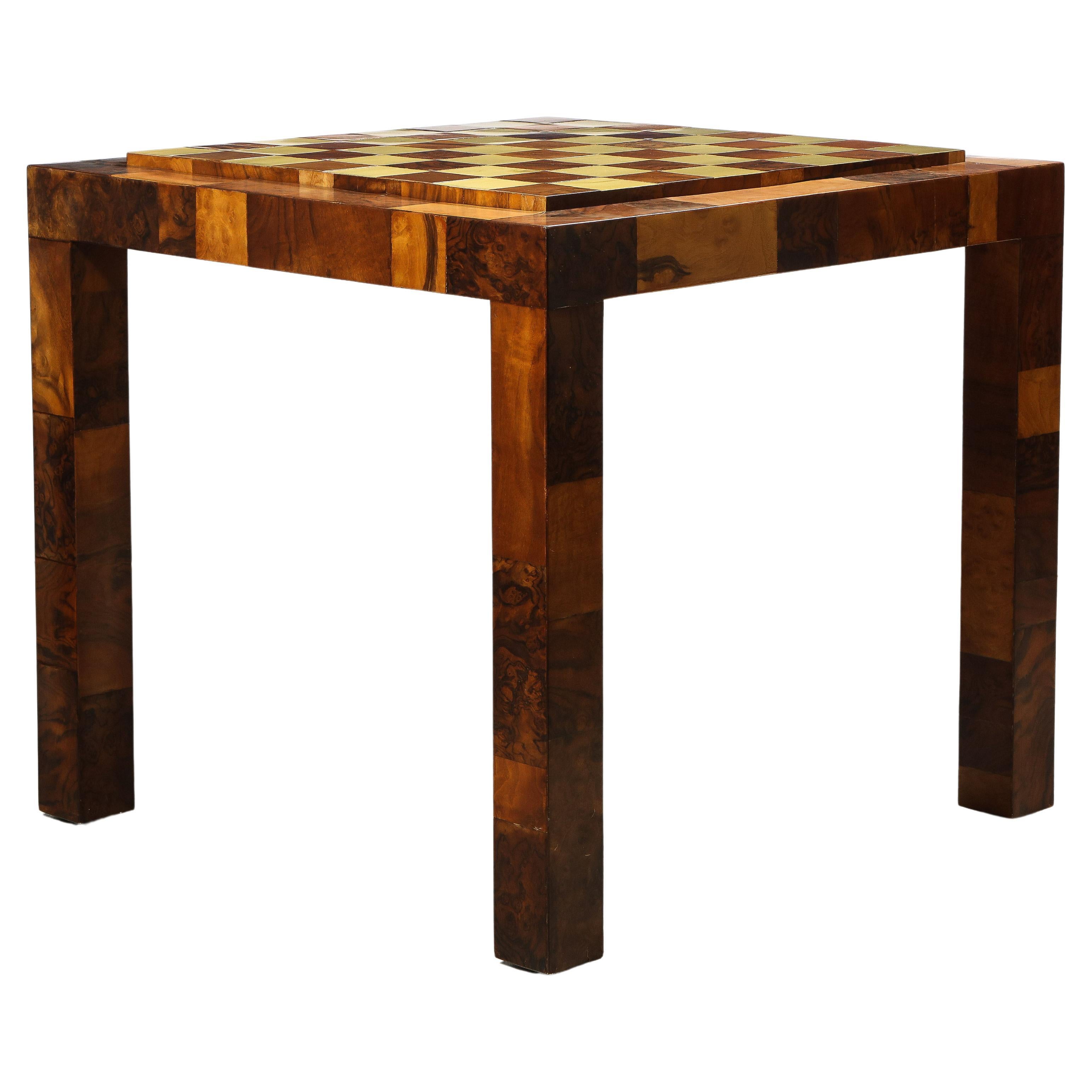 Patchwork Burl and Polished Brass Game Table by Paul Evans