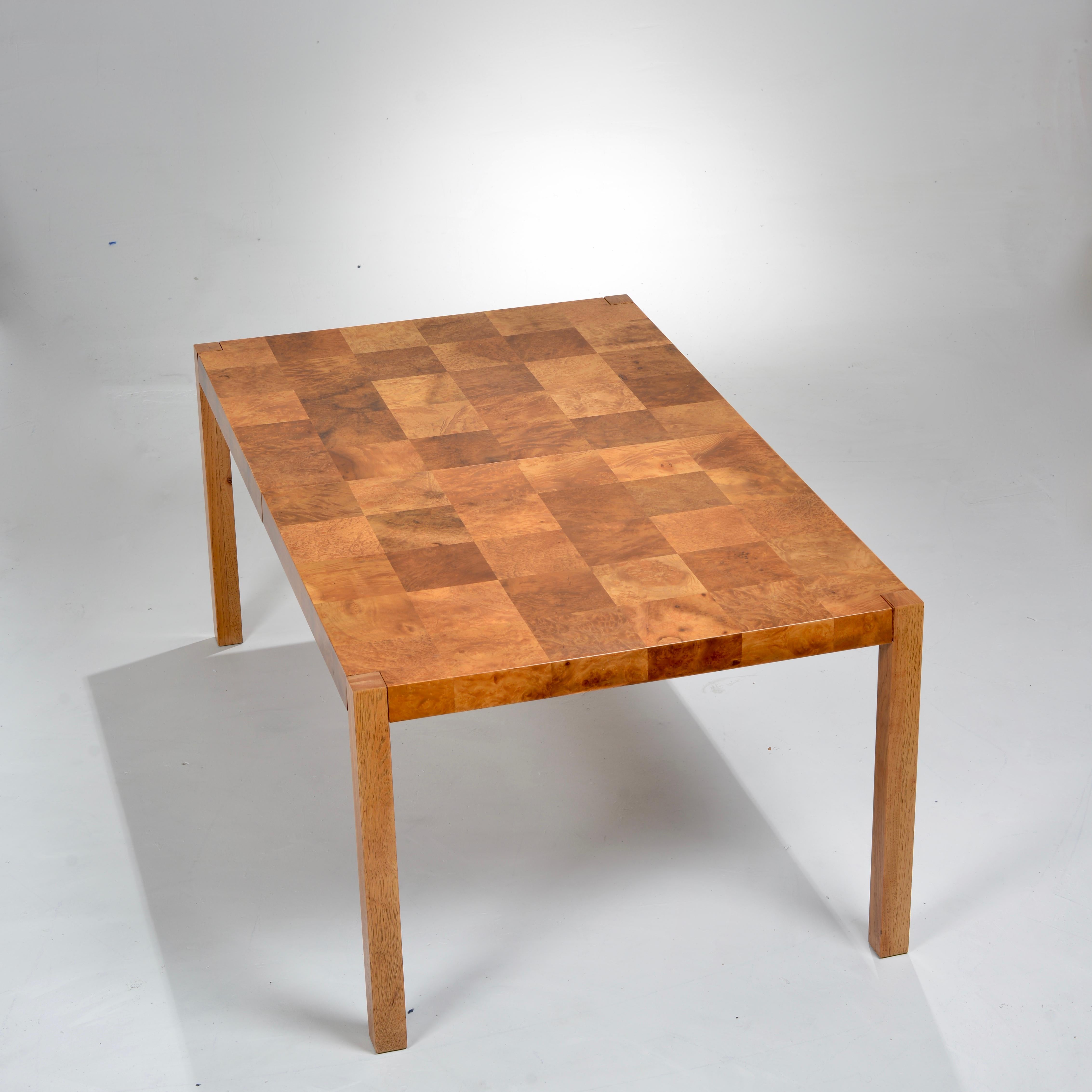 American Patchwork Burl Parsons Dining Table in the style of Milo Baughman For Sale