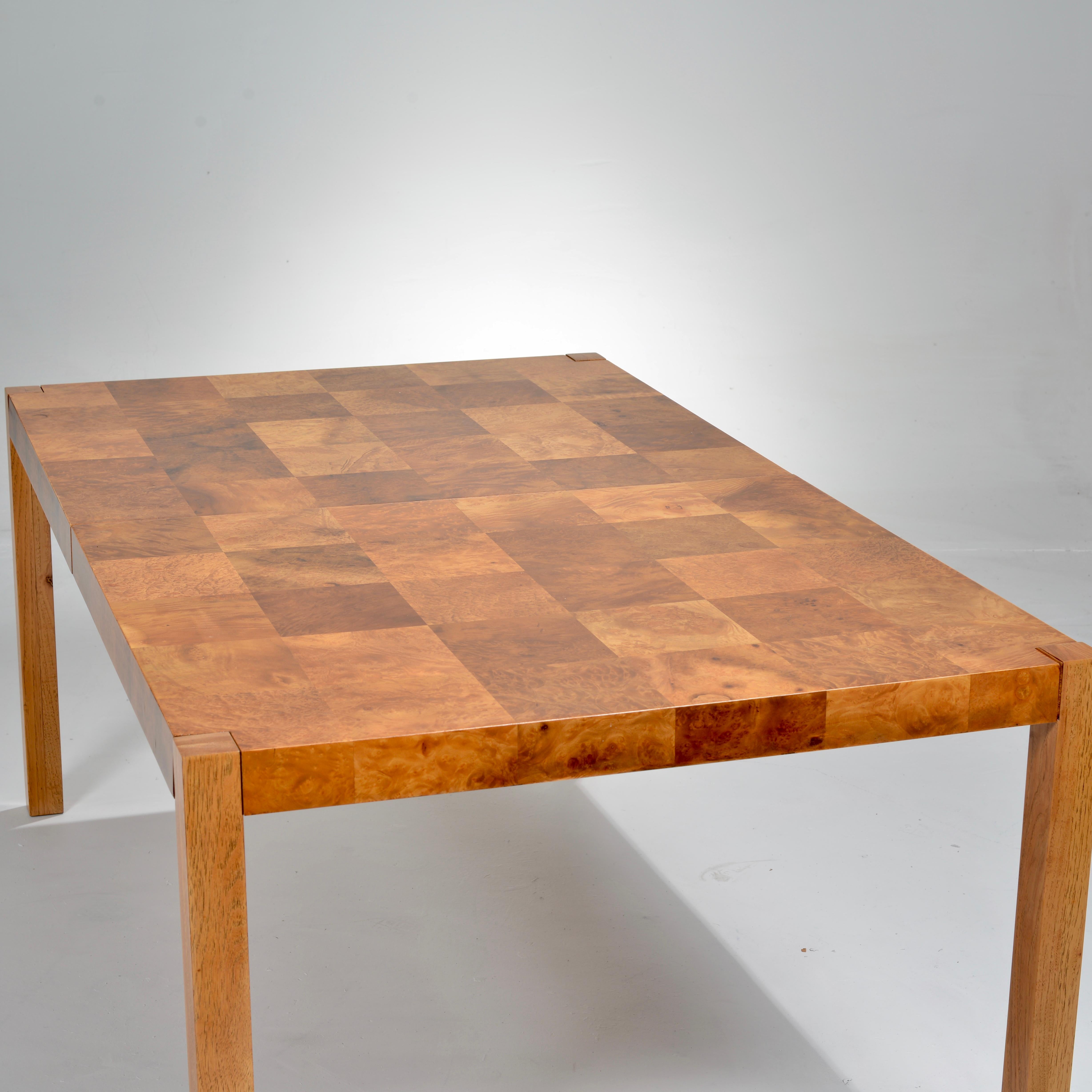 Patchwork Burl Parsons Dining Table in the style of Milo Baughman In Excellent Condition For Sale In Los Angeles, CA