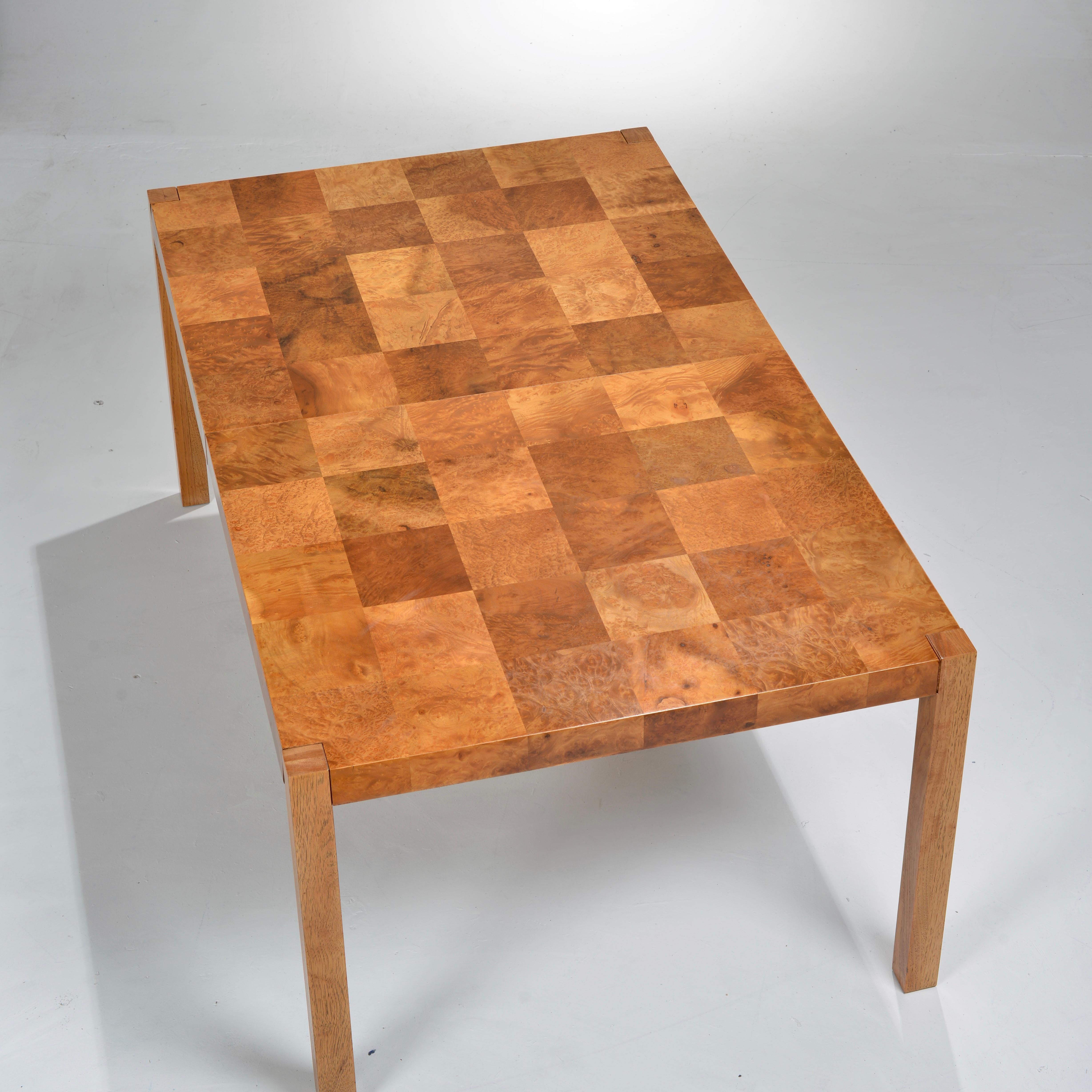 American Patchwork Burl Parsons Dining Table in the style of Milo Baughman