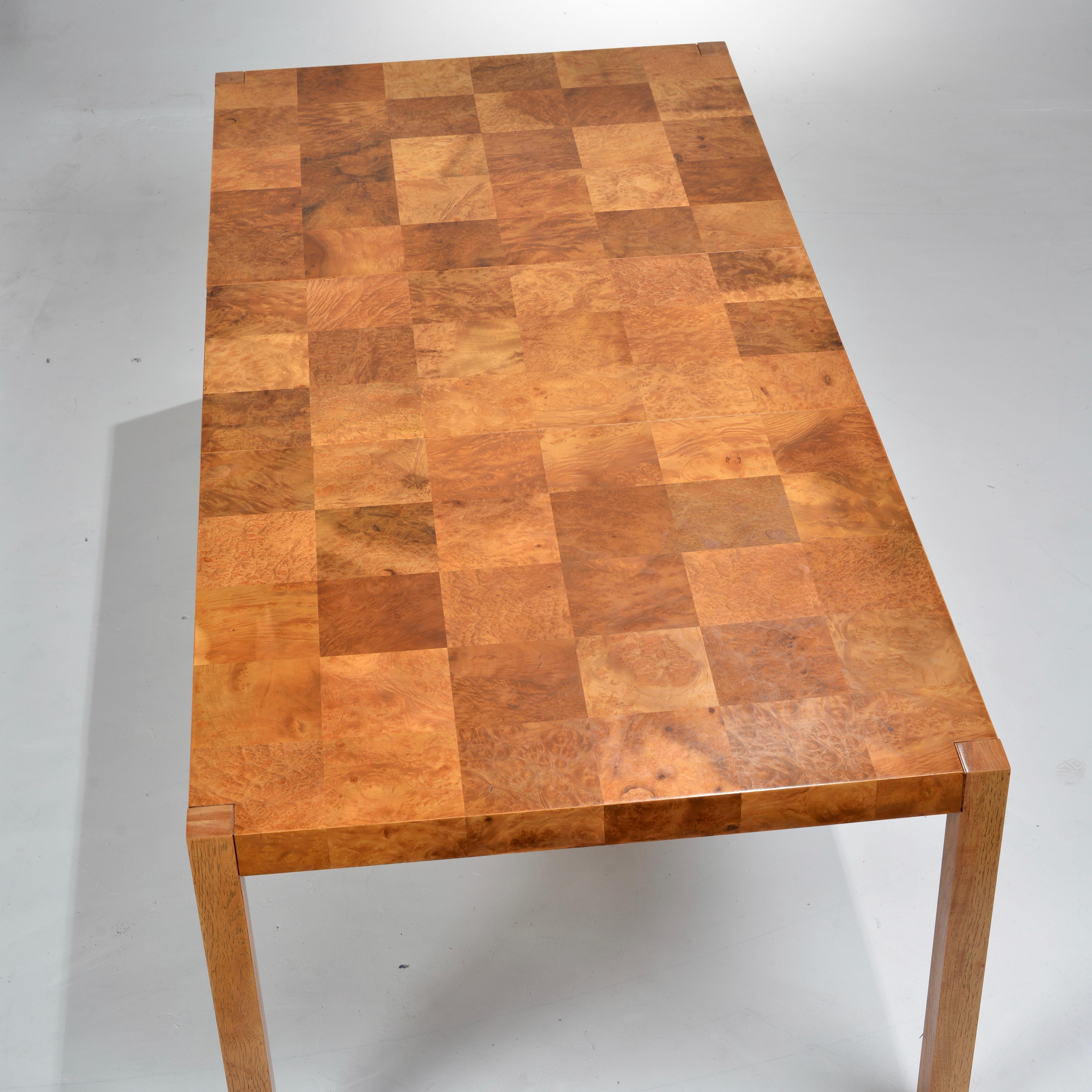 Patchwork Burl Parsons Dining Table in the style of Milo Baughman For Sale 1