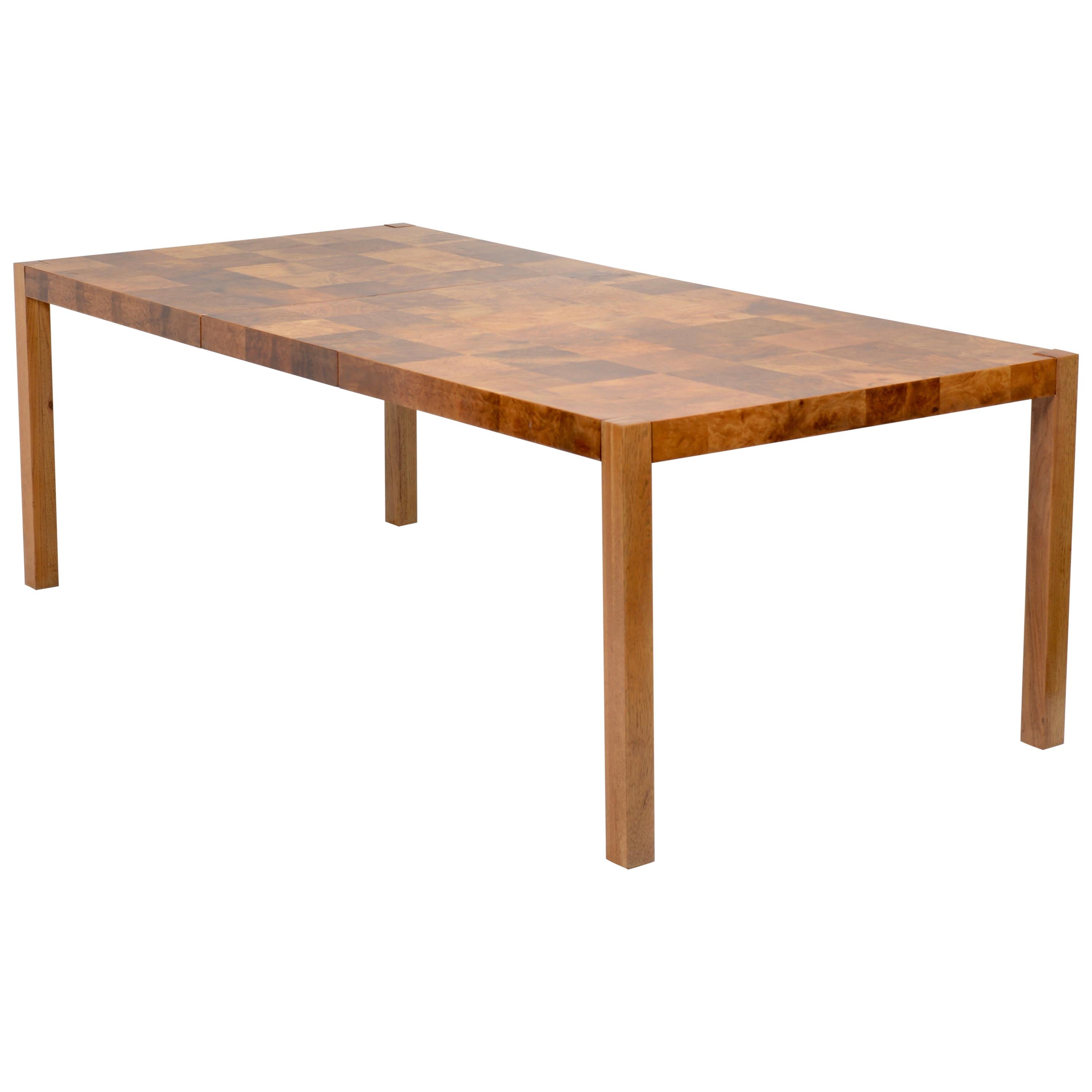 Patchwork Burl Parsons Dining Table in the style of Milo Baughman For Sale
