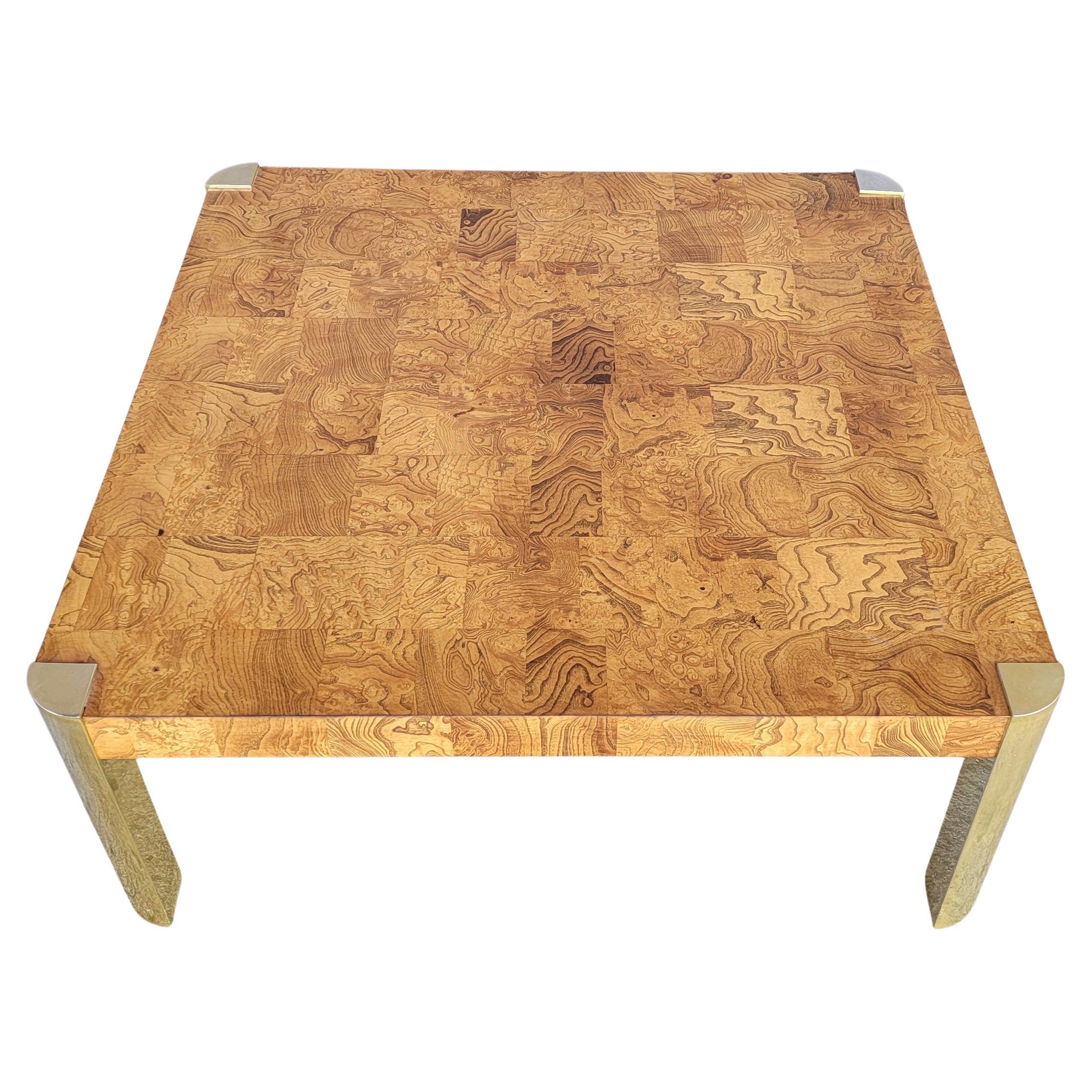 Patchwork Burl Wood & Brass Coffee Table Attributed to Milo Baughman
