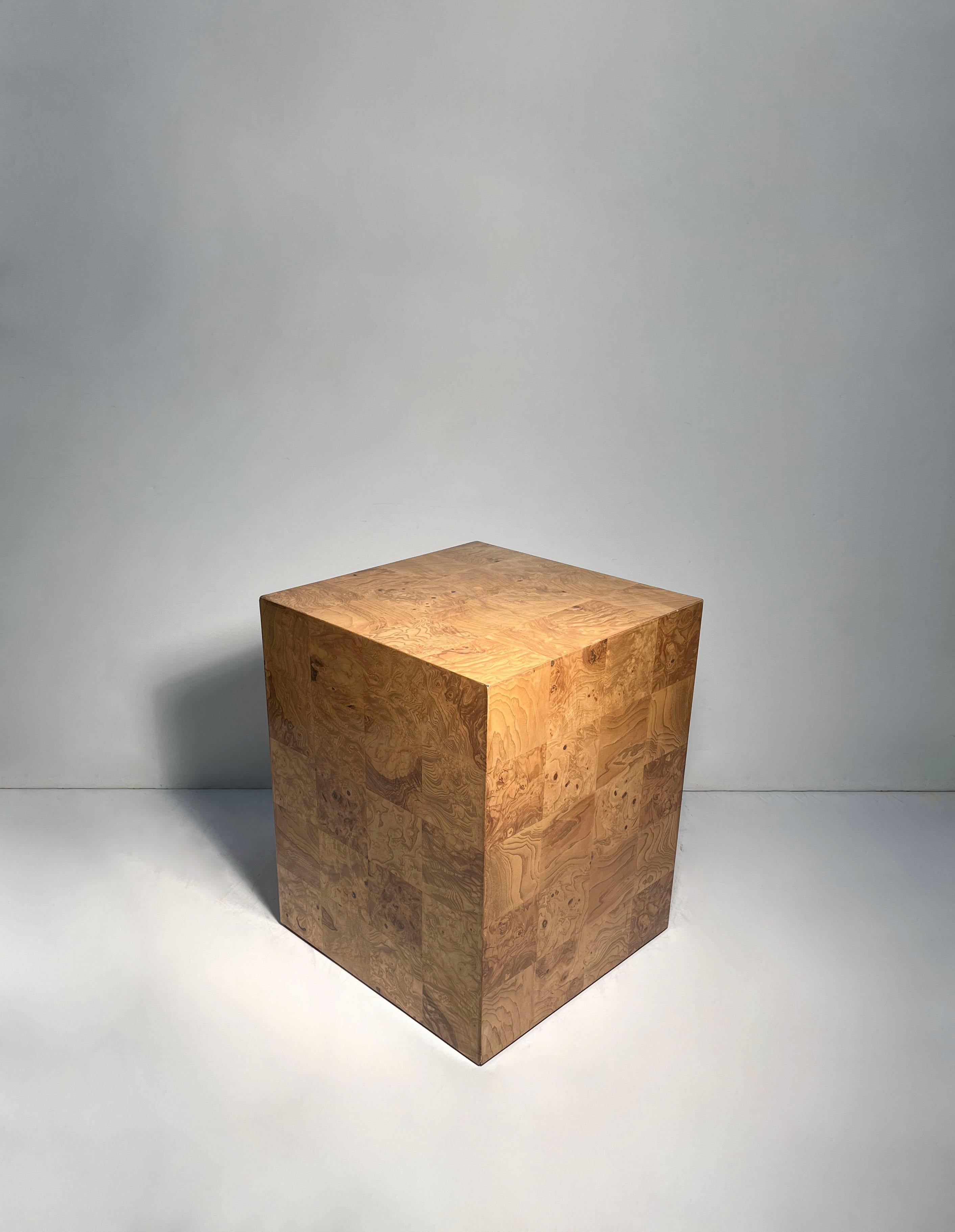 Mid-Century Modern Patchwork Burl Wood Pedestal Table Nightstand by Milo Baughman For Sale