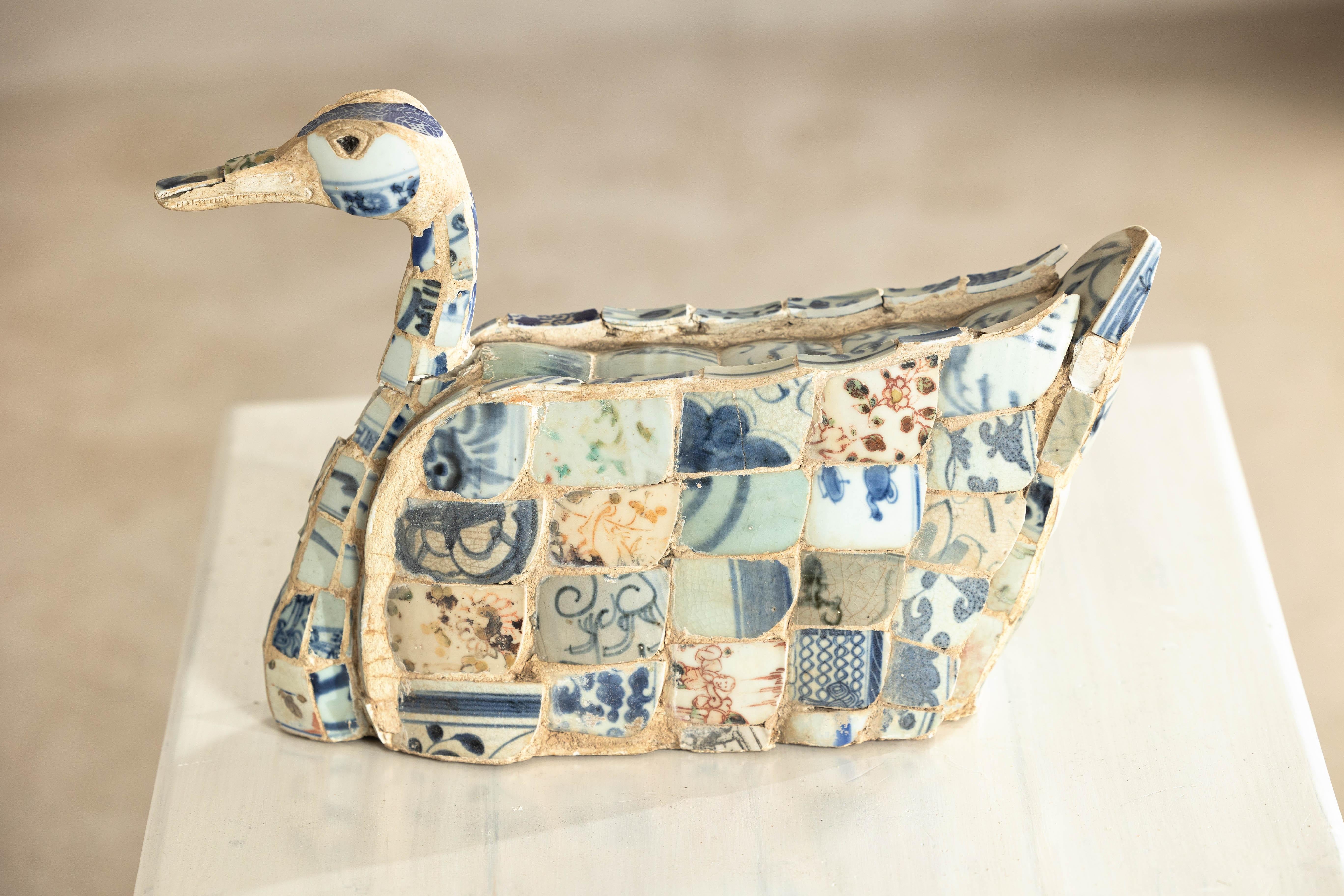 Patchwork Chinese Porcelain Duck Sculpture with Blue-and-White Shards For Sale 8