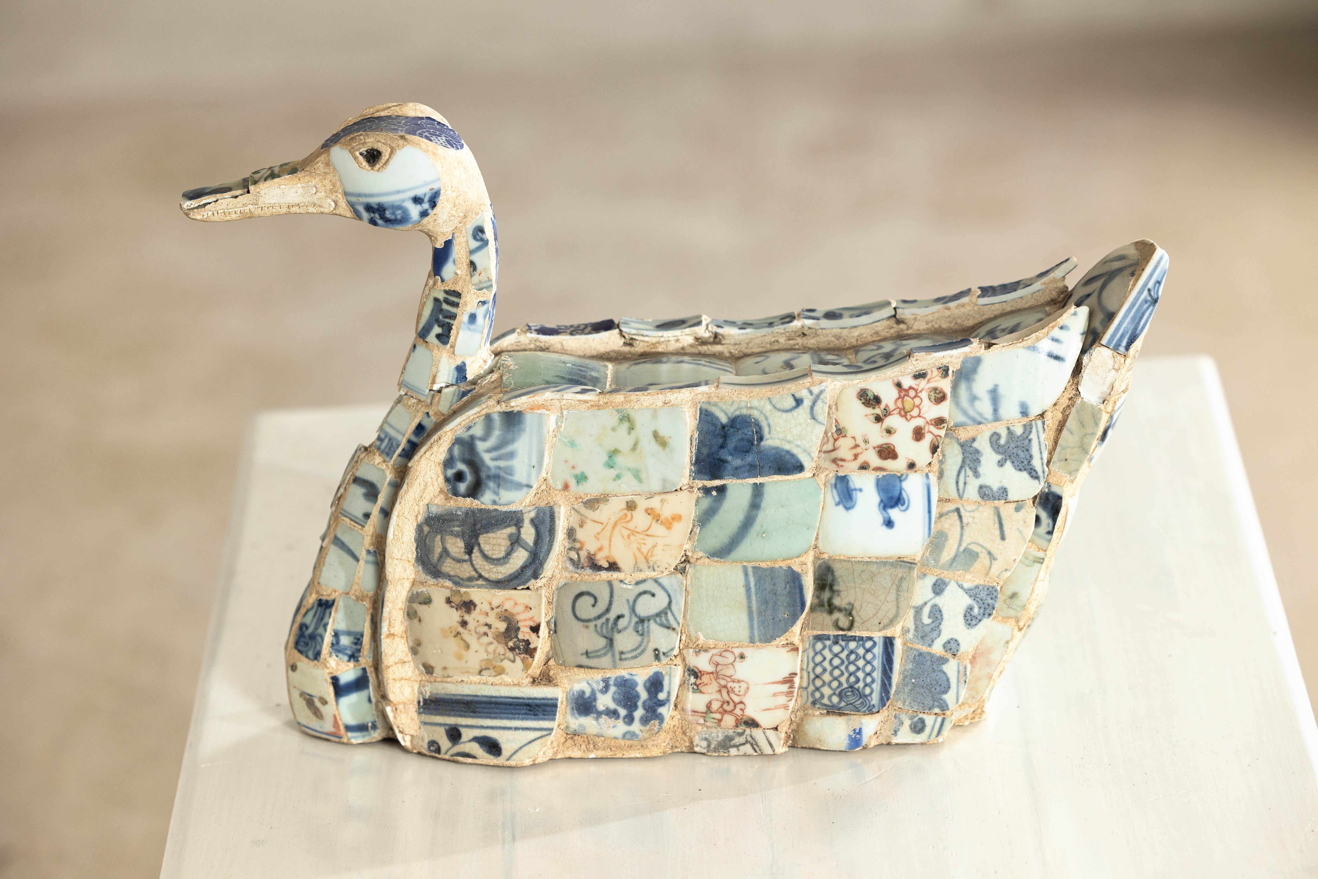 Patchwork Chinese Porcelain Duck Sculpture with Blue-and-White Shards For Sale 9