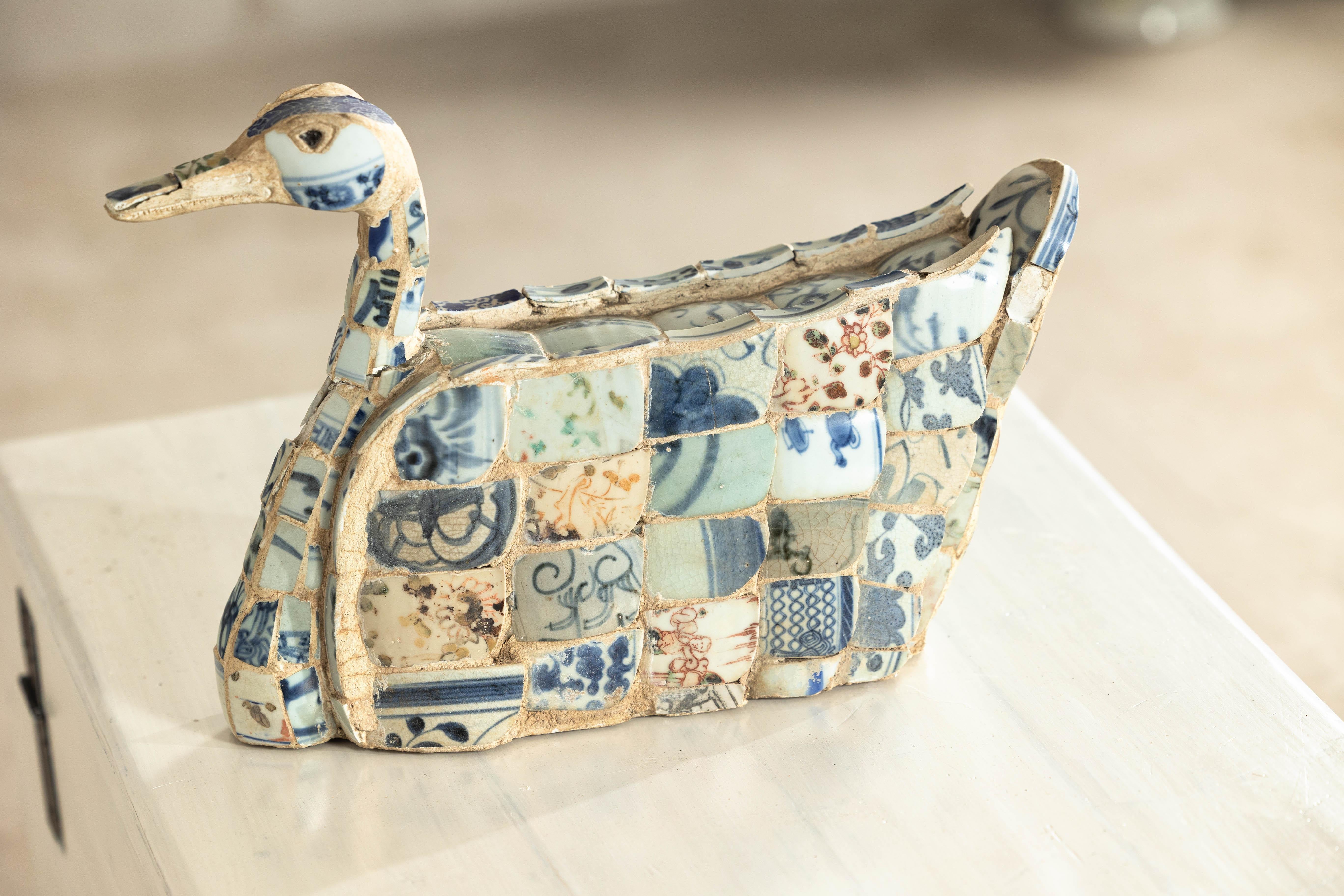 Patchwork Chinese Porcelain Duck Sculpture with Blue-and-White Shards For Sale 10