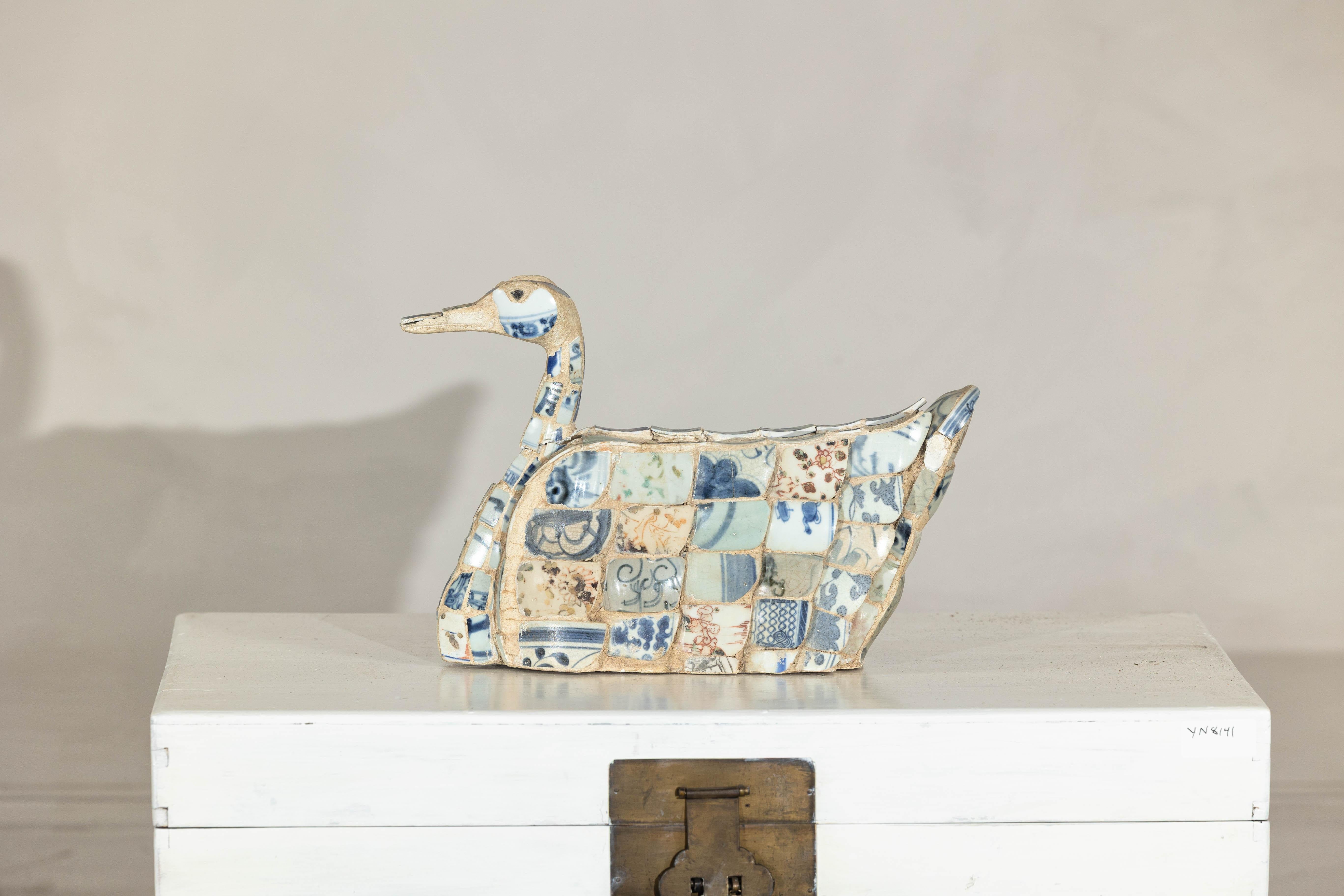 Patchwork Chinese Porcelain Duck Sculpture with Blue-and-White Shards For Sale 14