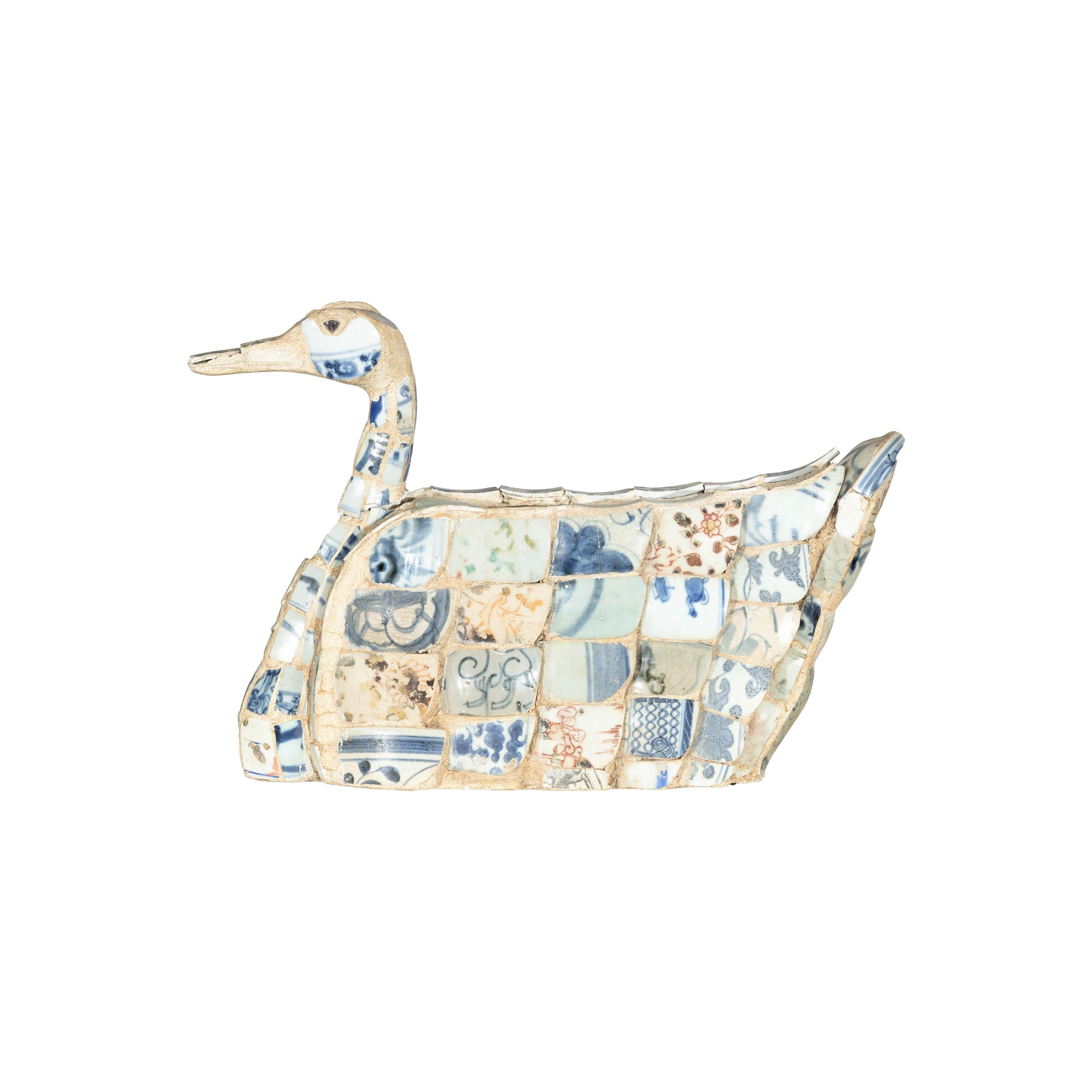 Patchwork Chinese Porcelain Duck Sculpture with Blue-and-White Shards For Sale 15