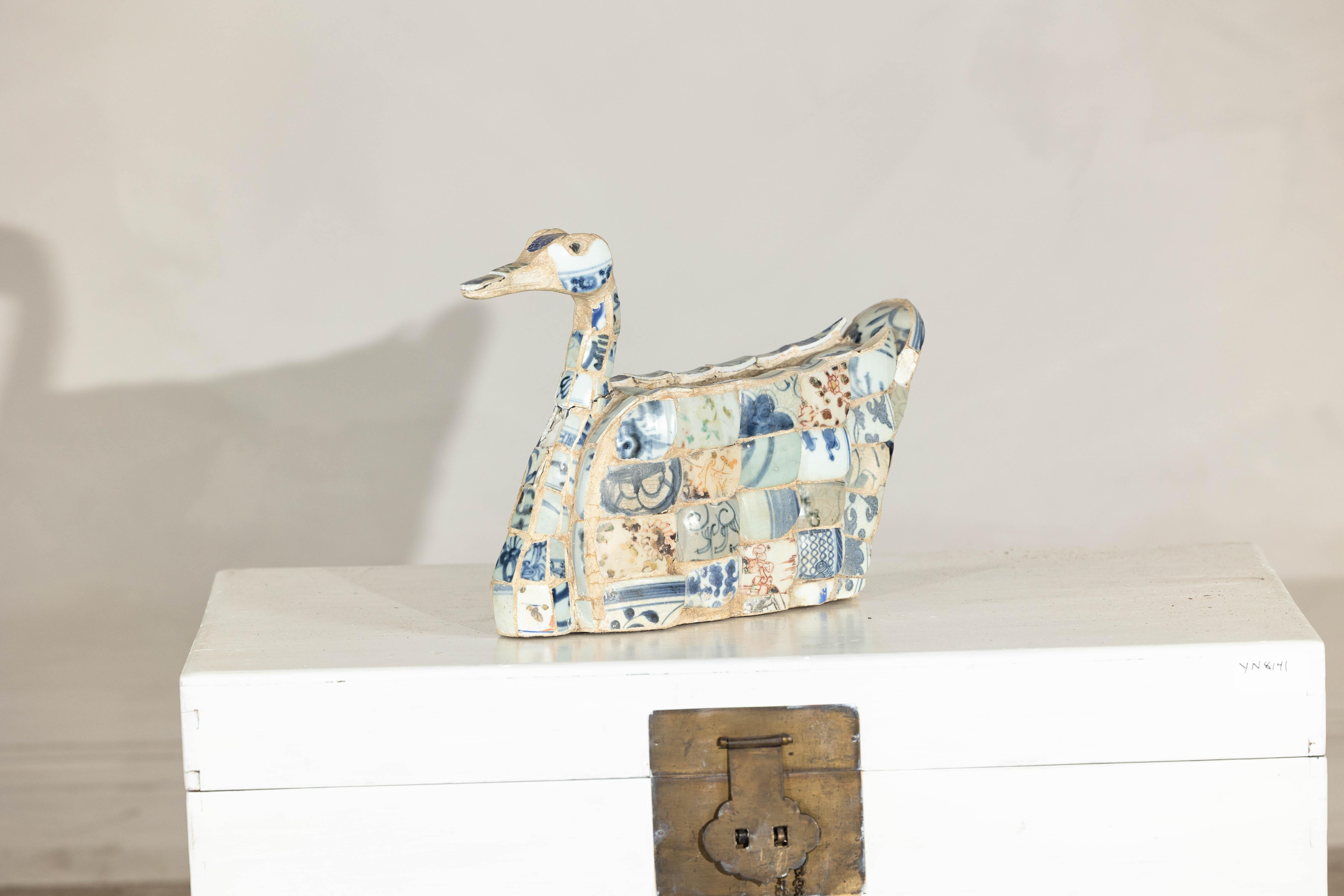 Fired Patchwork Chinese Porcelain Duck Sculpture with Blue-and-White Shards For Sale