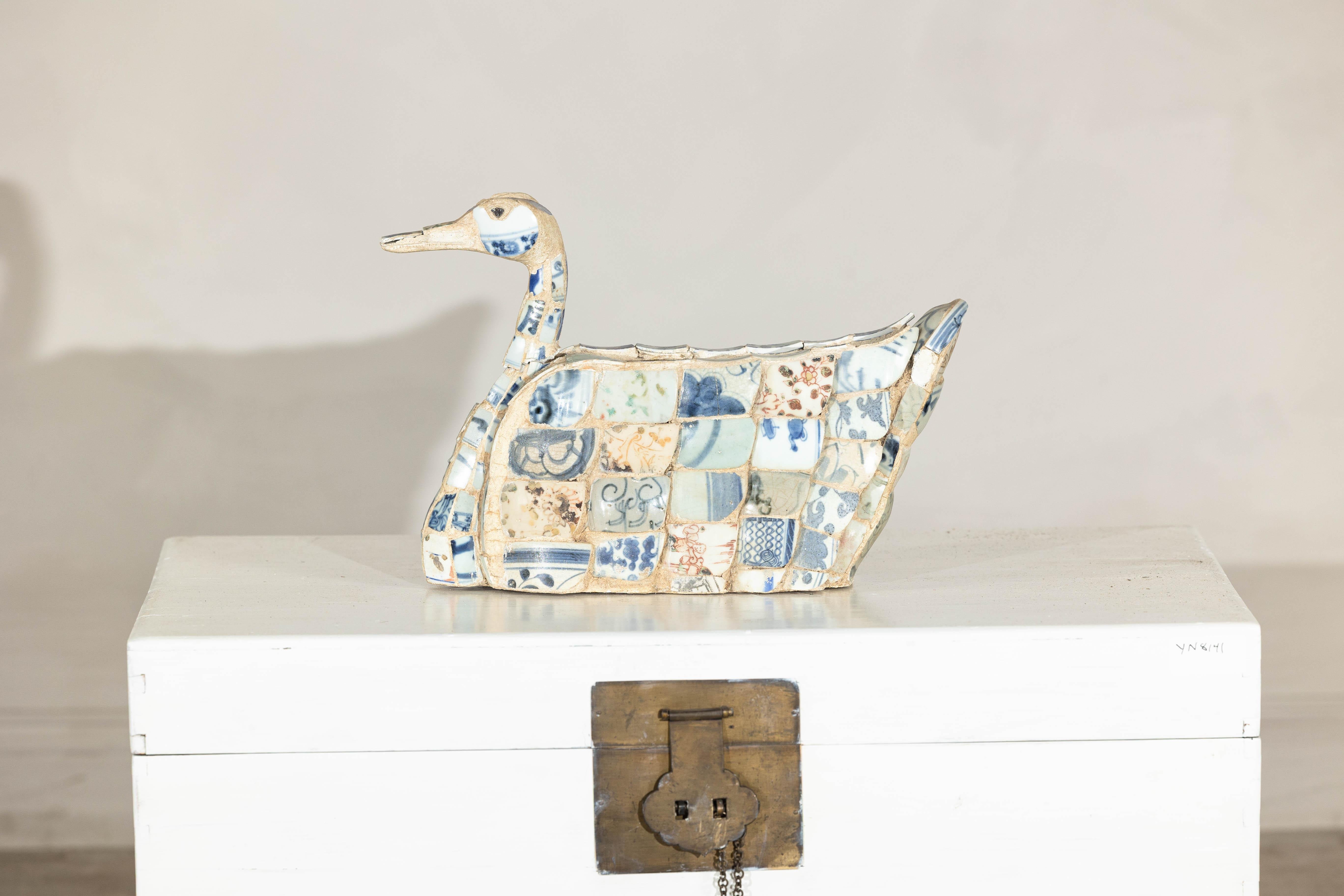 20th Century Patchwork Chinese Porcelain Duck Sculpture with Blue-and-White Shards For Sale