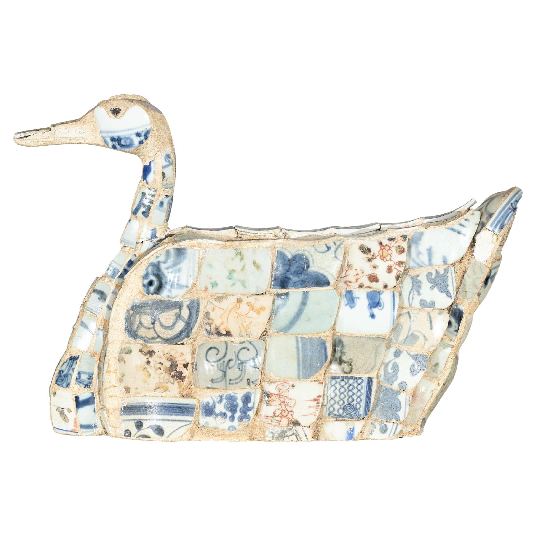 Patchwork Chinese Porcelain Duck Sculpture with Blue-and-White Shards For Sale