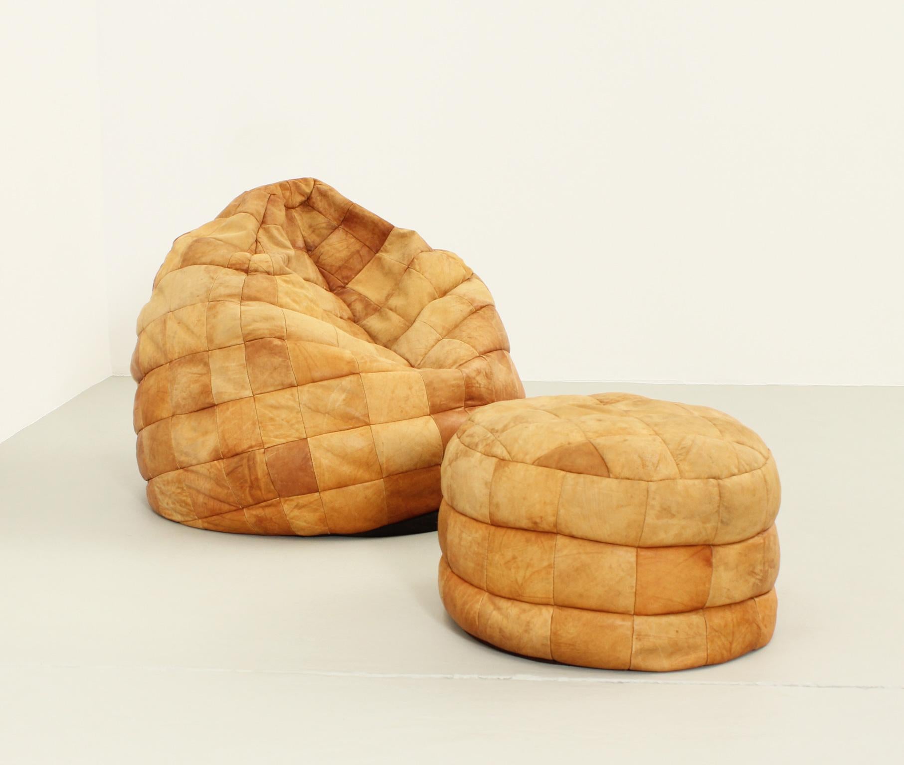Swiss Patchwork Leather Bean Bag and Ottoman by the Sede, Switzerland