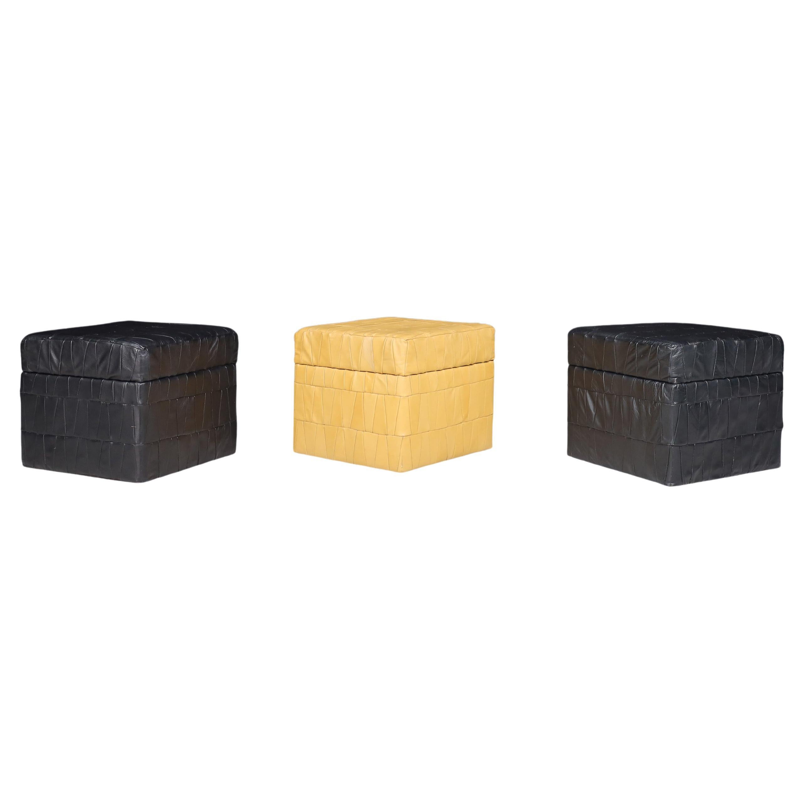 Patchwork leather Sqaure storage ottoman by De Sede, Switzerland, 1970s.